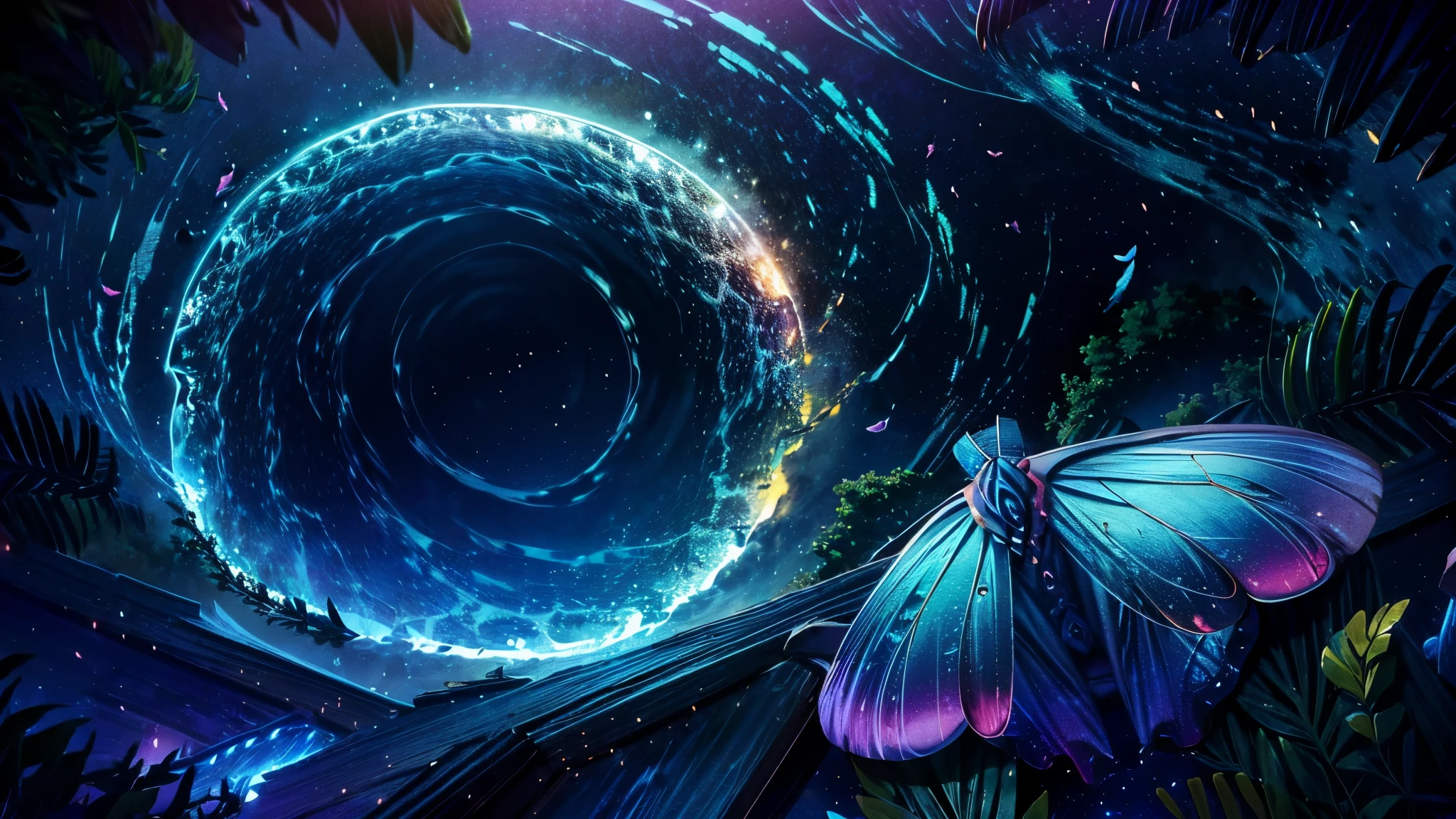 超 high definition,  high definition,  high quality , Spectacular Scenery ,((息をのむような美しい Milky Way銀河))),((( large groups of cobalt blue morpho butterflies flying above the water)). shot with a fisheye lens ,((( mystical atmosphere ))), Beautiful Sunset , Majestic Atmosphere, Milky Way, star, star屑,   Milky Way, 流star, ((( people in Manfu))), Beautiful Sunset , Bioluminescent flowers and trees at the bottom of the valley々Covered in, 

