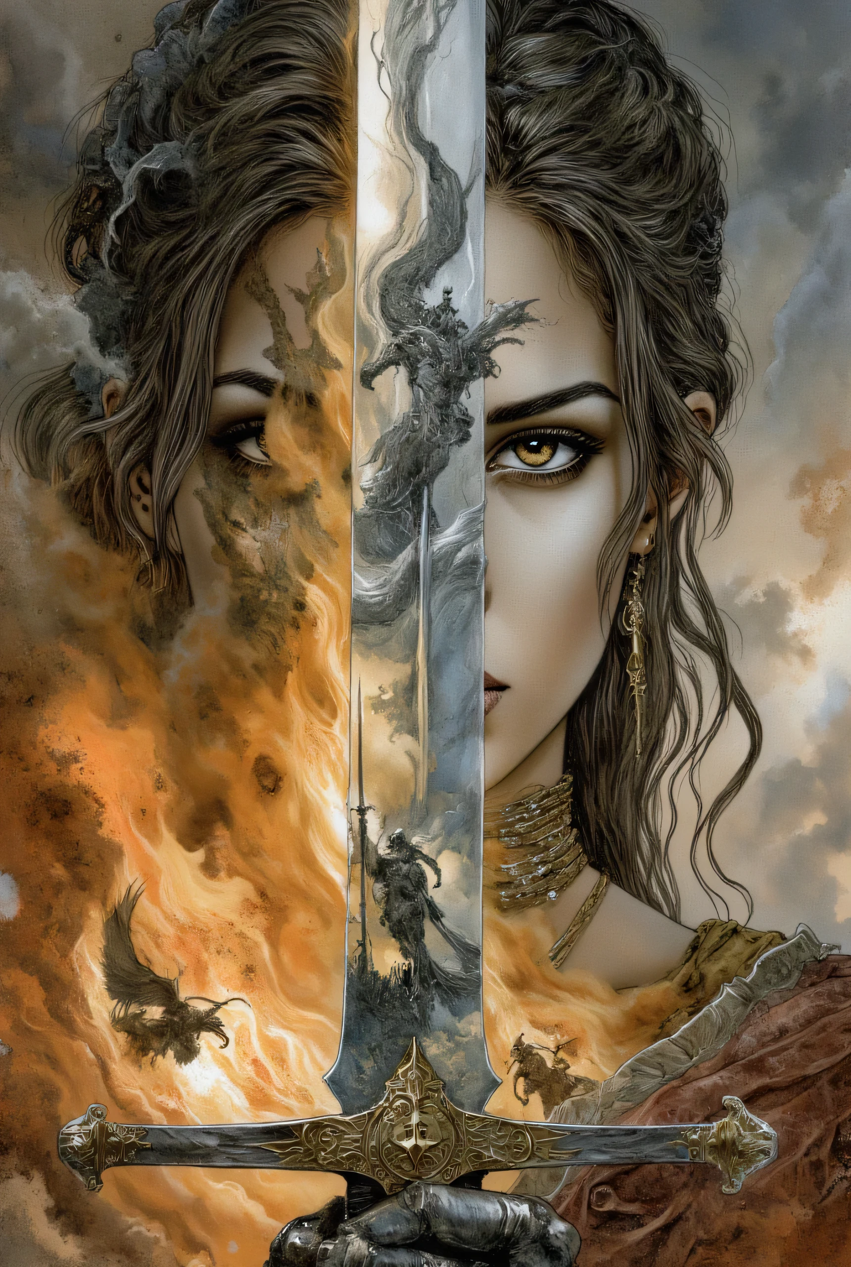 Create a close up image of a female warrior. The warrior holding a sword right up to her face covering up her nose and mouth. The silver metallic sword reflecting a dragon and fire-lit battlefield of warriors and swords and a dragon flying above the army. The female has honey brown eyes and soft features, hint of armor at bottom. Dark, muted tones with sharp contrasts enhance the dramatic effect. Immagine in stile Luis Royo