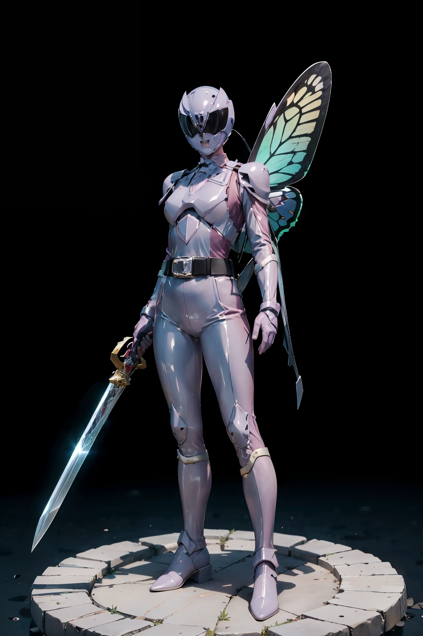 1girl, full body, Illustration, cinematic light, high resolution, best quality, ultra-detailed, masterpiece, power suit, powerranger, suit, kingohger, holding sword, butterfly wings