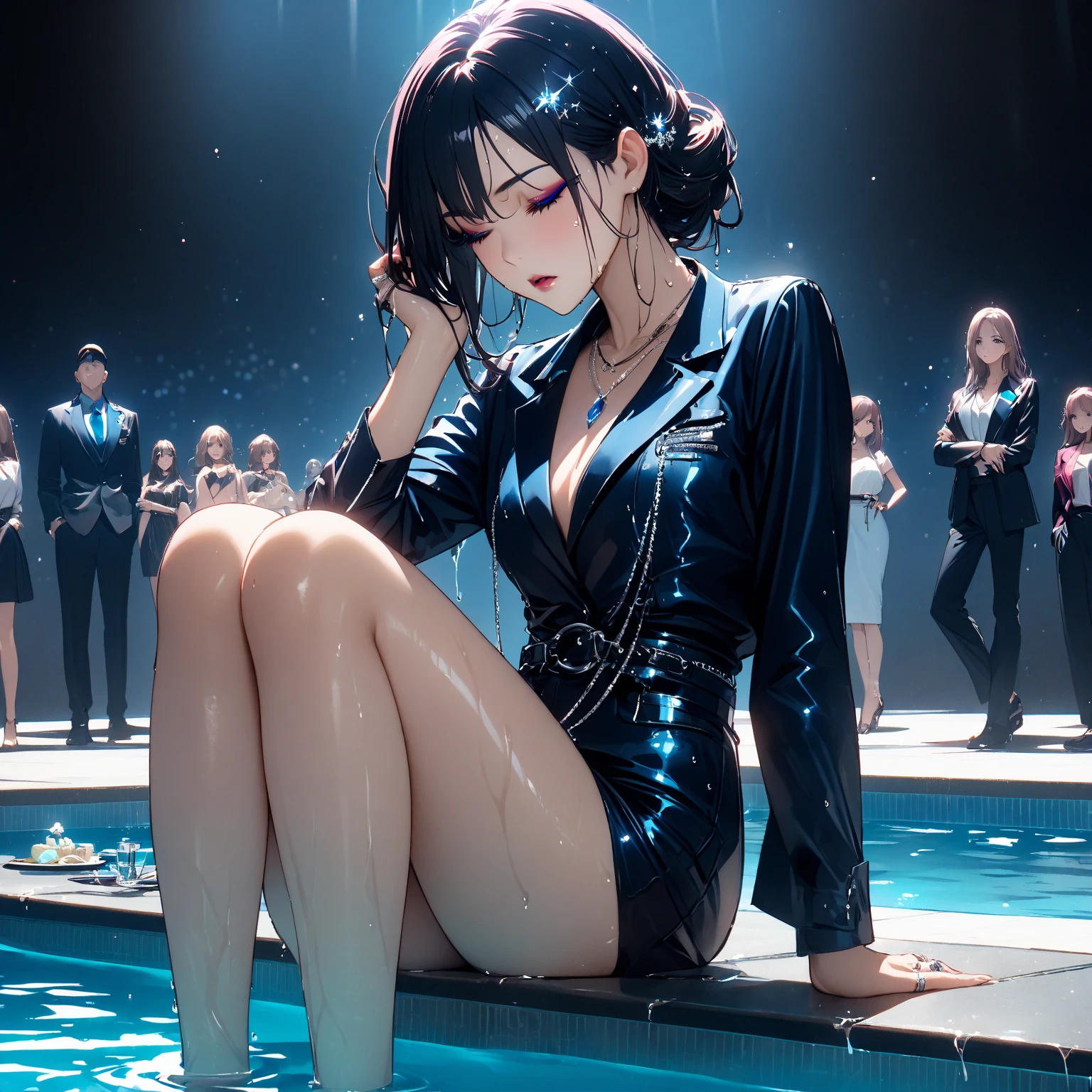 Woman thrown in the pool in her fine clothes, at a party, ((dressed up)), ((expensive party frock)), jewelry, ((soaked)), ((drenched)), ((dripping wet)), ((looking at viewer)), coming out of the water, resurfacing, oily clothes, droplets, evening, photorealistic, bokeh, narrow focus, party guests, ((crowded)), outside, soft lighting, closeup, outdoors, night sky, cityscape, see through, transparent, nsfw, varied poses