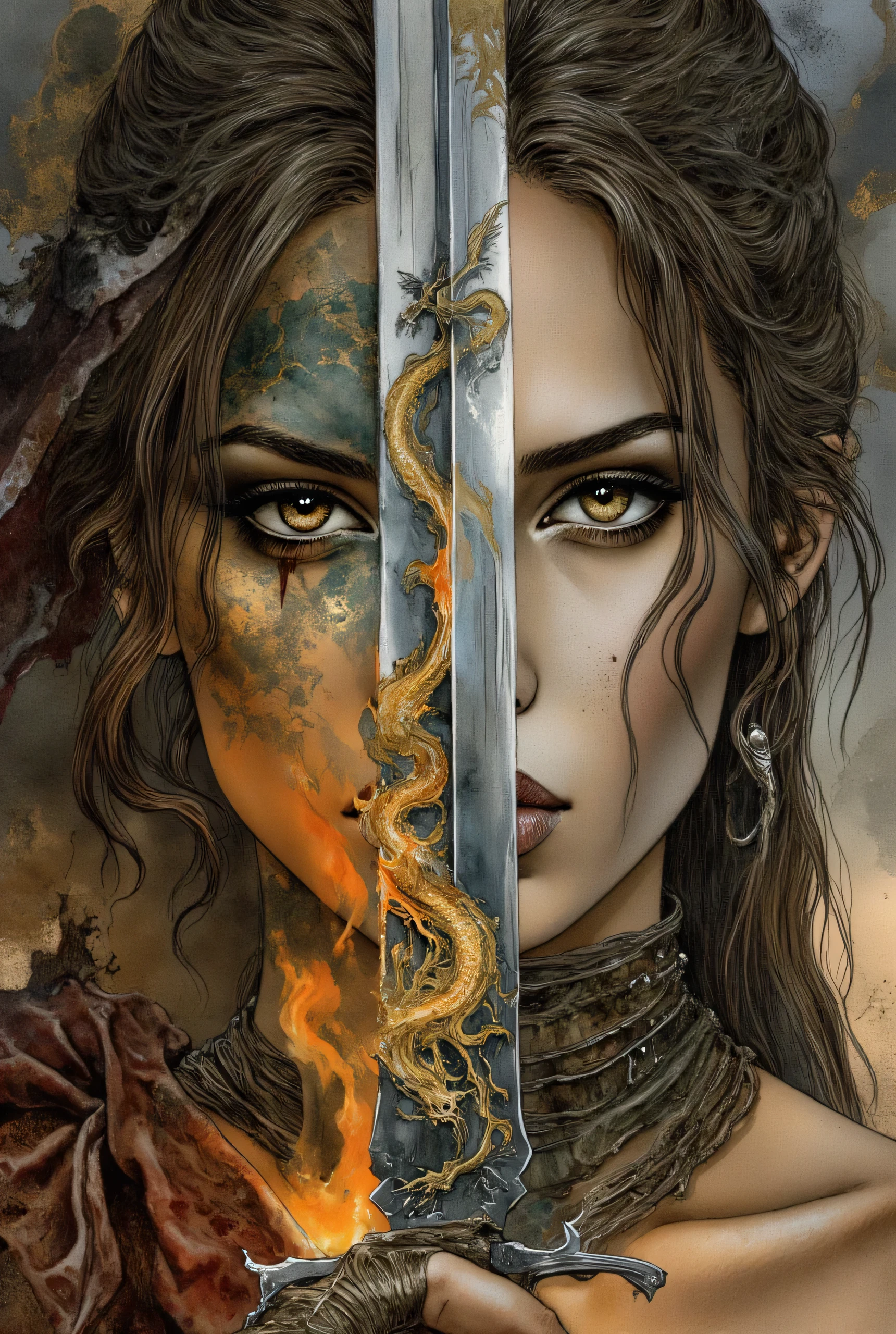 Create a close up image of a female warrior. The warrior holding a sword right up to her face covering up her nose and mouth. The silver metallic sword reflecting a dragon and fire-lit. The female has honey brown eyes and soft features, hint of armor at bottom. Dark, muted tones with sharp contrasts enhance the dramatic effect. Immagine in stile Luis Royo