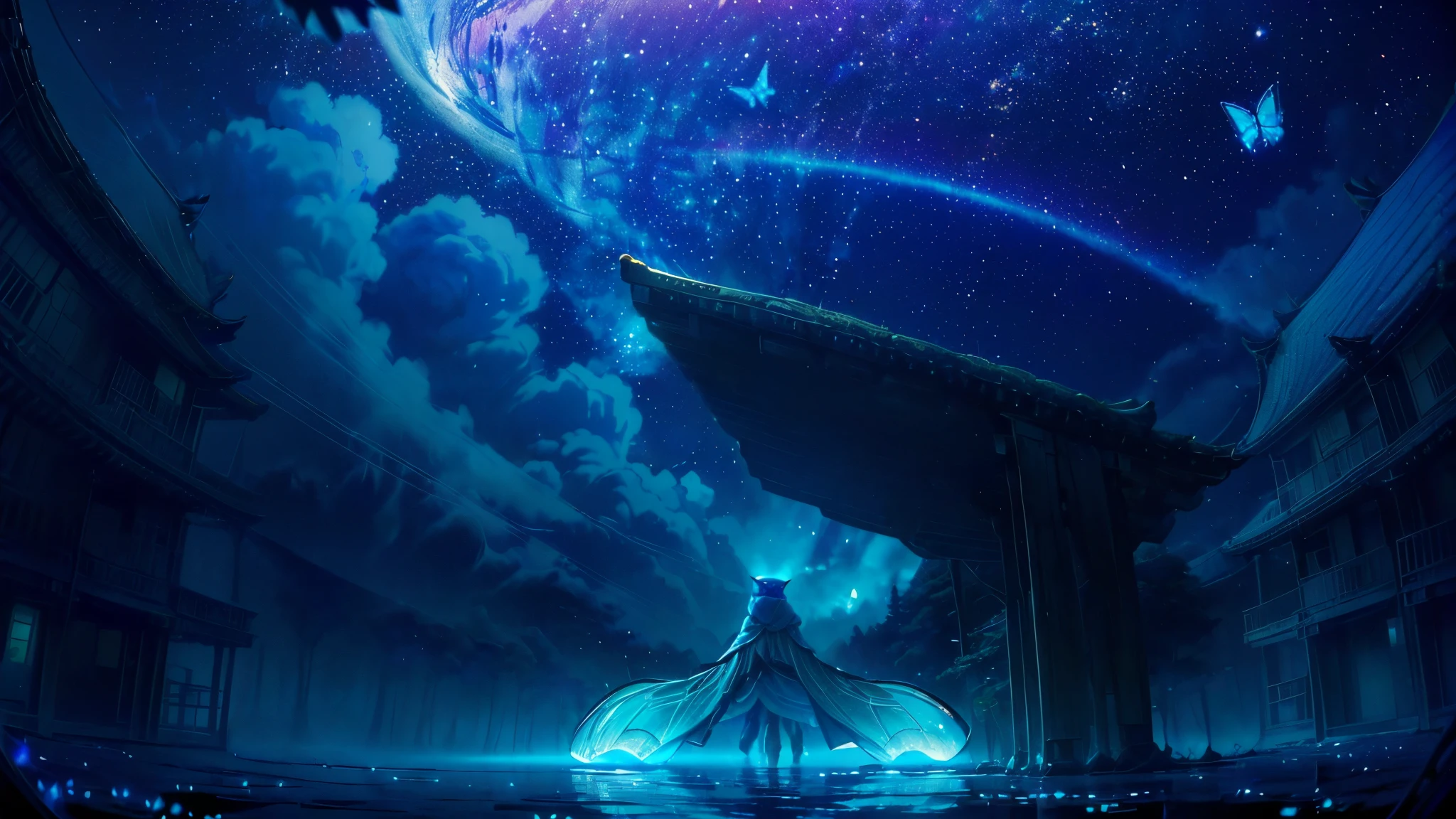 超 high definition, high definition, high quality , Spectacular Scenery ,((息をのむような美しい Milky Way銀河))),((( large groups of cobalt blue morpho butterflies flying above the water)). shot with a fisheye lens ,((( mystical atmosphere ))), Beautiful Sunset , Majestic Atmosphere, Milky Way, star, star屑, Milky Way, 流star, ((( people in Manfu))), Beautiful Sunset , Bioluminescent flowers and trees at the bottom of the valley々Covered in,