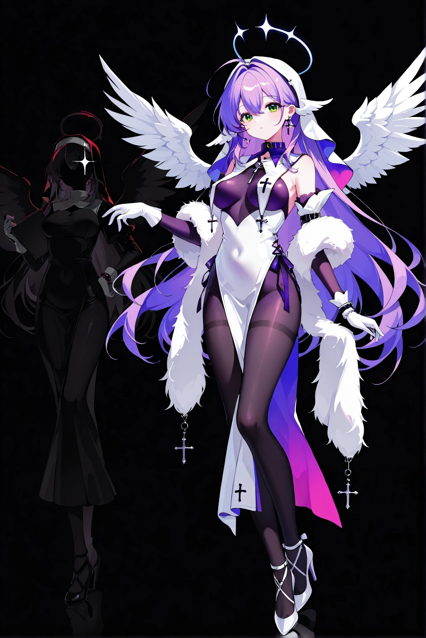 ruanyi0847,bodysuit,breast curtains,dress,nun,pantyhose,pelvic curtain
, Limited Color Palette, Black Background ,Colorful, vivid colors ,Flashing silhouette ,neon,black light ,watch,  Masterpiece,  very beautiful ,hsr robin, purple hair, ahoge, long hair, very long hair, hair between eyes, feather ears, Wings, white Wings, green eyes, beads, hair intakes, medium breasts,strapless dress, white dress, purple dress, detached sleeves, white gloves, feather boa, dress, shawl, halo, asymmetrical gloves, jewelry, earrings, purple collar,，（ stands，whole body， high heels:1.7)，HoleHeels，oval/Circle/Thorn/Horn Heels

