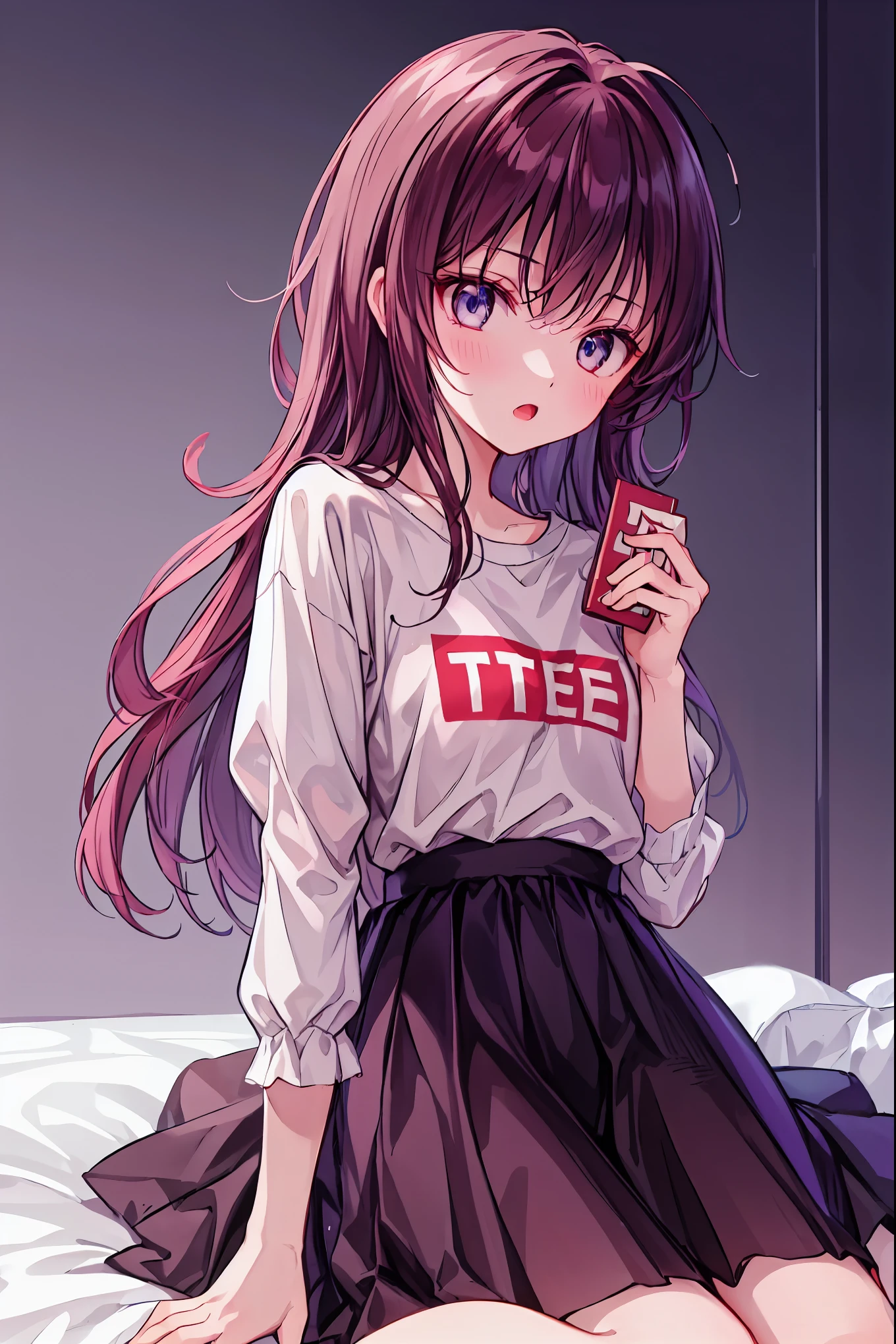 material、 thick paint 、 Girls Sleeping With A Hangover、Pale face、Pain々Funny face、A tired face, 手は2Books､The legs２Books､Fingers５Books，Black T-shirt、 shorts、１people々  girl、 on the bed， Hair， shortcuts， unkempt hair with an opening，Short braided hair，Neat，スレンダー美people， correct posture，Small chest， beautiful legs， enchanting gray-blue eyes shine like stars， droopy eyes ， bright colors, beautiful eyes,A delicate smile,Textured Skin, Best Quality at its Best , gentle and beautiful woman , anime style､