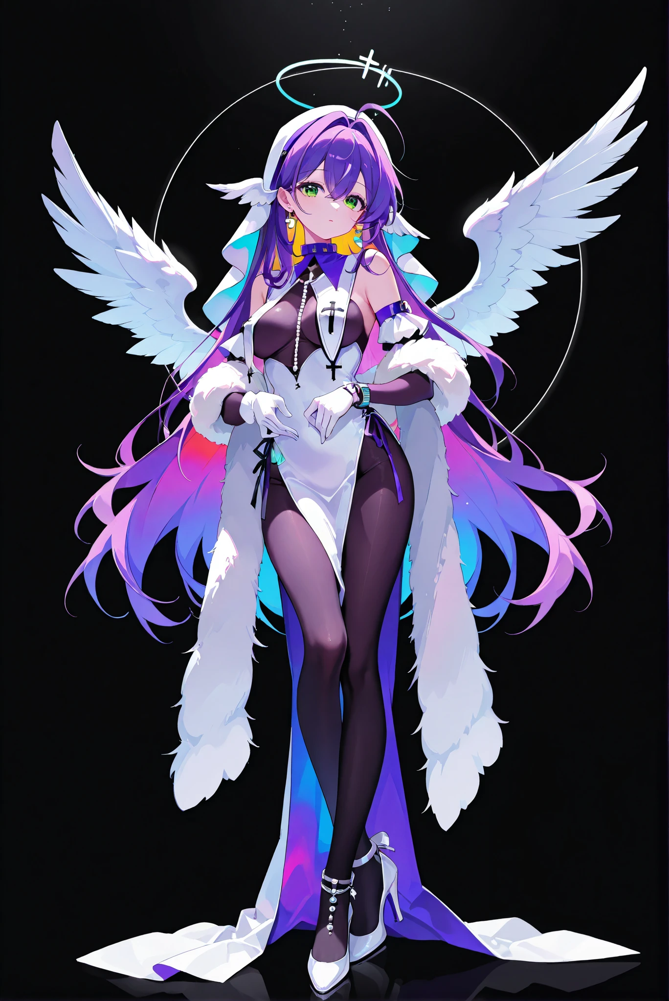 ruanyi0847,bodysuit,breast curtains,dress,nun,pantyhose,pelvic curtain
, Limited Color Palette, Black Background ,Colorful, vivid colors ,Flashing silhouette ,neon,black light ,watch, Masterpiece, very beautiful ,hsr robin, purple hair, ahoge, long hair, very long hair, hair between eyes, feather ears, Wings, white Wings, green eyes, beads, hair intakes, medium breasts,strapless dress, white dress, purple dress, detached sleeves, white gloves, feather boa, dress, shawl, halo, asymmetrical gloves, jewelry, earrings, purple collar,,( stands,whole body, high heels:1.7),HoleHeels,oval/Circle/Thorn/Horn Heels