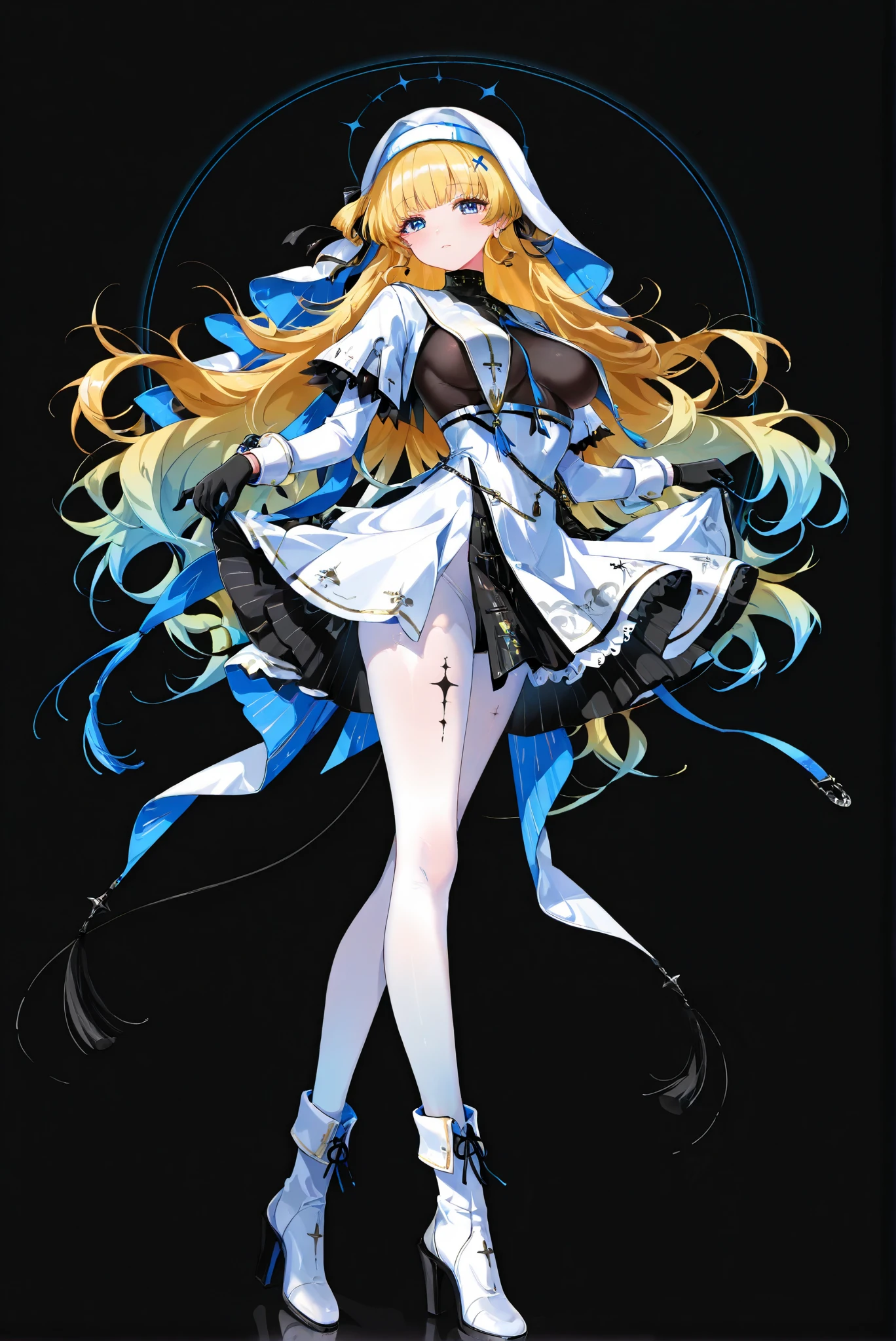 ，（ stands，whole body， high heels:1.7)，HoleHeels，oval/Circle/Thorn/Horn Heels，ruanyi0847,bodysuit,breast curtains,dress,nun,pantyhose,pelvic curtain , Limited Color Palette, Black Background ,Colorful, vivid colors ,Flashing silhouette ,neon,black light ,watch,  Masterpiece,  very beautiful ,Phoebe \(Wuthering Waves\), clothes: Phoebe def white skirt and whit hat, white see-through pantyhose,  1girl , Alone, gloves, long blonde hair, long hair, black gloves,  blue eyes, white boots,

