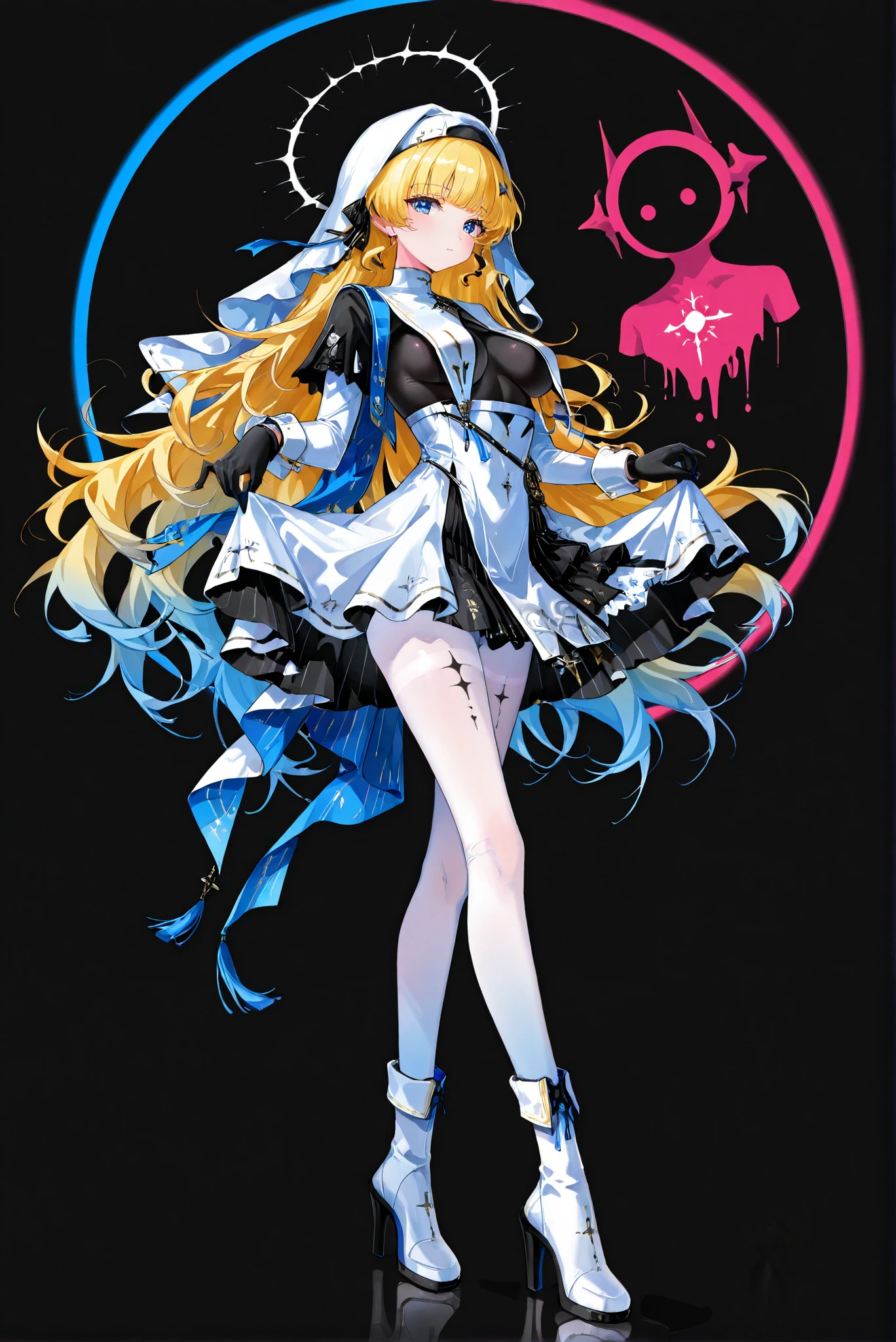 ,( stands,whole body, high heels:1.7),HoleHeels,oval/Circle/Thorn/Horn Heels,ruanyi0847,bodysuit,breast curtains,dress,nun,pantyhose,pelvic curtain , Limited Color Palette, Black Background ,Colorful, vivid colors ,Flashing silhouette ,neon,black light ,watch, Masterpiece, very beautiful ,Phoebe \(Wuthering Waves\), clothes: Phoebe def white skirt and whit hat, white see-through pantyhose, 1girl , Alone, gloves, long blonde hair, long hair, black gloves, blue eyes, white boots,