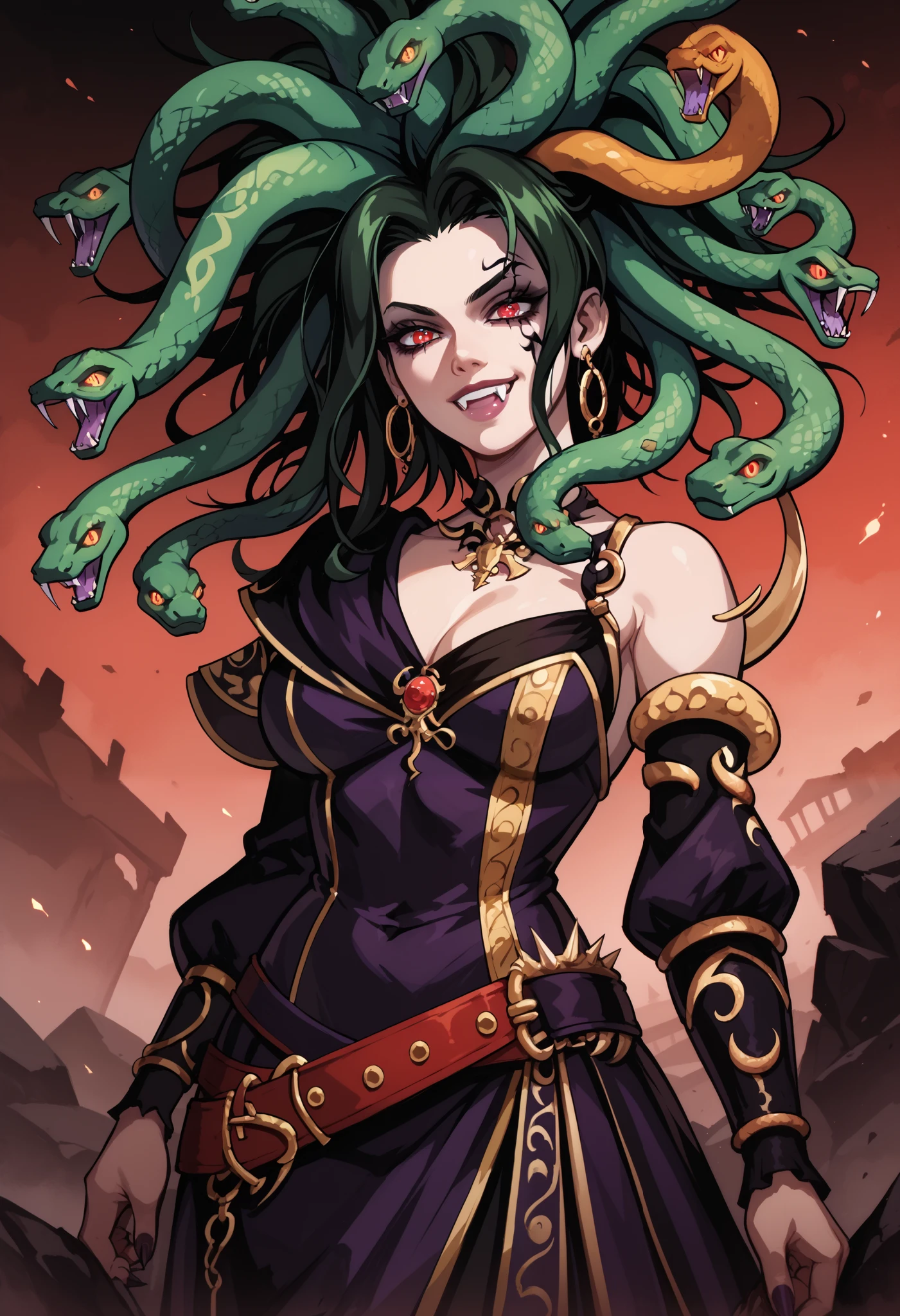 Gothic art, cinematic lighting, masterpiece, best quality, super detail, 8k, A dark fantasy illustration of Medusa, a mythical woman with green snake hair. Her glowing red eyes possess a petrifying gaze, and she wears a sinister smile. She is dressed in an elegant purple gown, standing in her dimly lit rocky lair. The atmosphere is eerie and mysterious, with shadows casting across jagged stones. The snakes on her head wriggle menacingly, their fangs bared. The scene is detailed, with a dramatic play of light and shadow enhancing her ominous presence