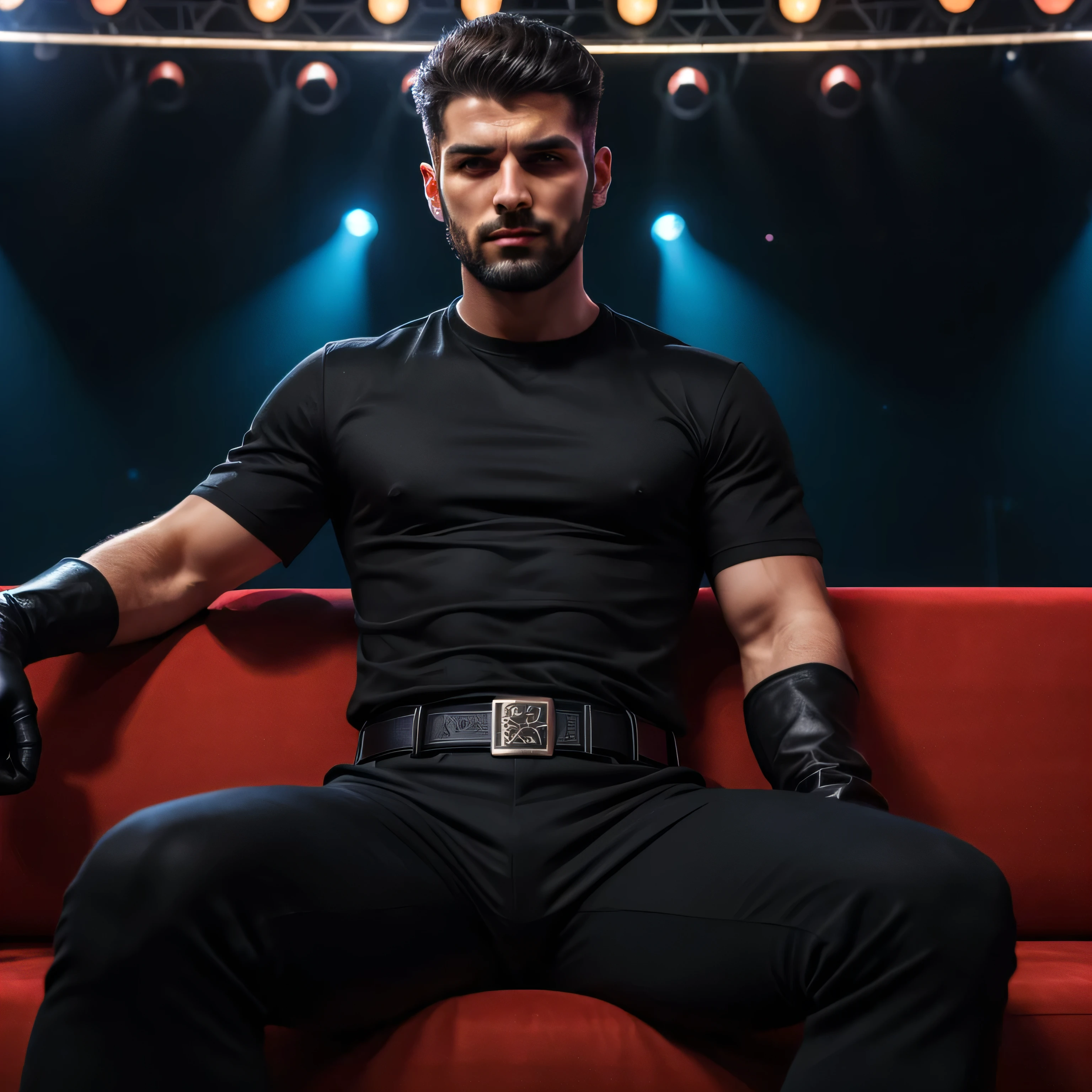 MAN 40 YEARS OLD WITH BEARD AND HAIRY CHEST WEARING LEATHER PANTS AND HARNESS WITH A DARK ALLEY