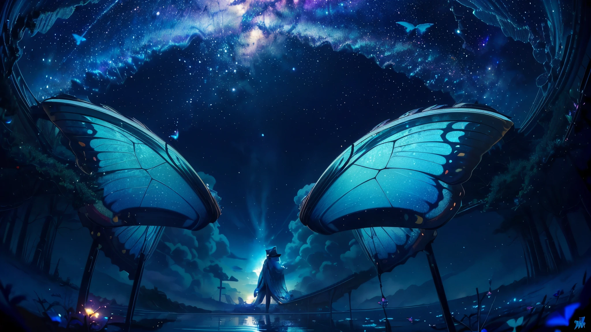 超 high definition, high definition, high quality , Spectacular Scenery ,((息をのむような美しい Milky Way銀河))),((( large groups of cobalt blue morpho butterflies flying above the water)). shot with a fisheye lens ,((( mystical atmosphere ))), Beautiful Sunset , Majestic Atmosphere, Milky Way, star, star屑, Milky Way, 流star, ((( people in Manfu))), Beautiful Sunset , Bioluminescent flowers and trees at the bottom of the valley々Covered in,