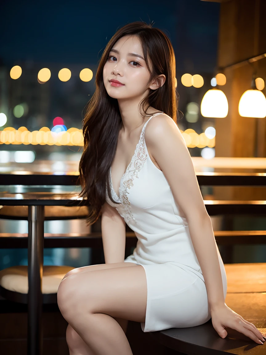 Beautiful 25 year old  woman。She is wearing a summer wedding dress. She is sitting a chairs. She has her legs crossed and one leg is visible. She is shying and smiling on illuminated by the evening church lights . her black hair. High resolution、masterpiece、highest quality、頭w:1.0、((Hasselblad Photos))、fine skin、(movie lighting)、clavicle . full body picture.
