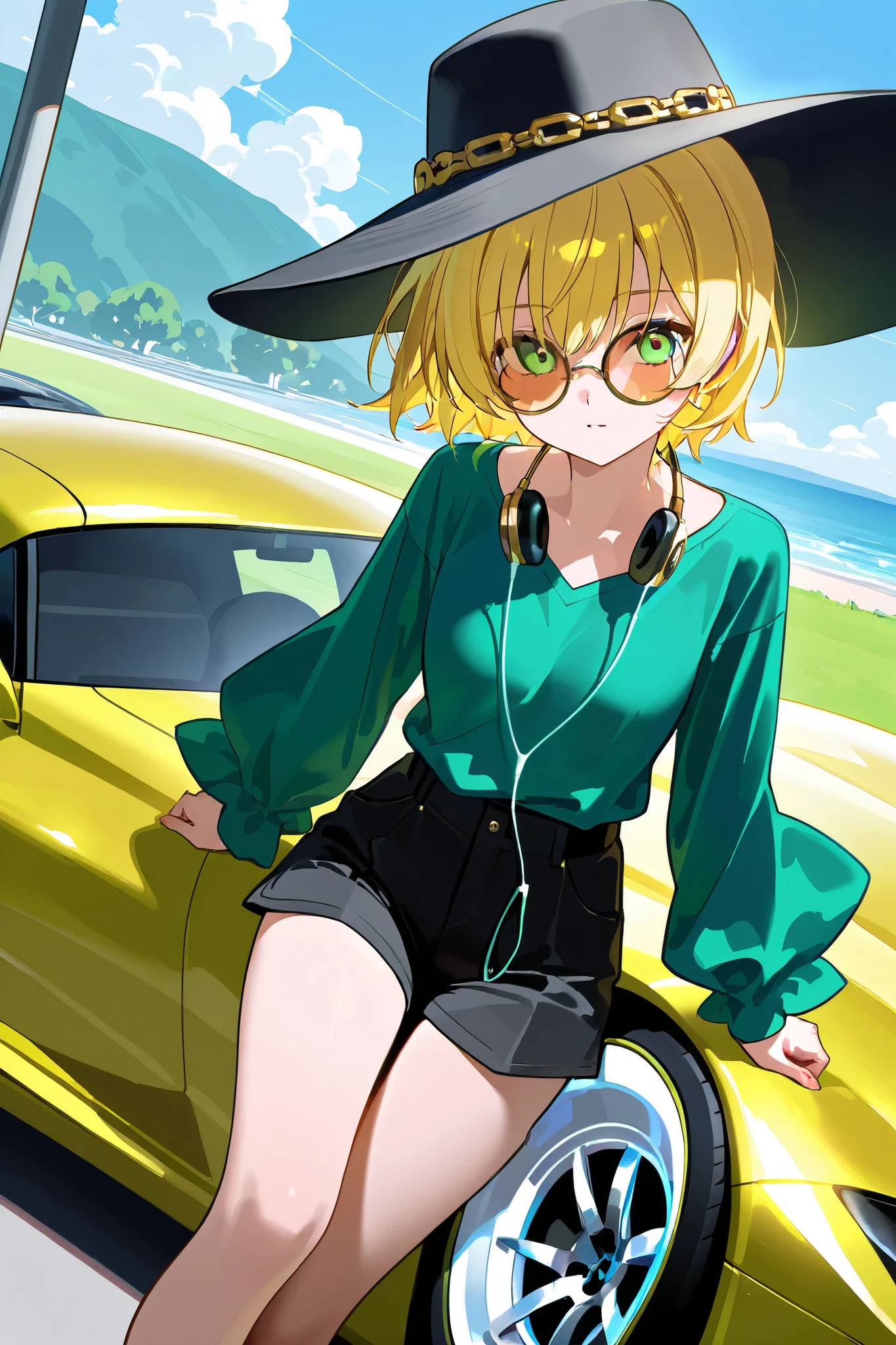 With blond hair with earphones around the neck and lens glasses with a light green long-sleeved shirt and her sitting in a million-dollar luxury car without a hat and short black shorts