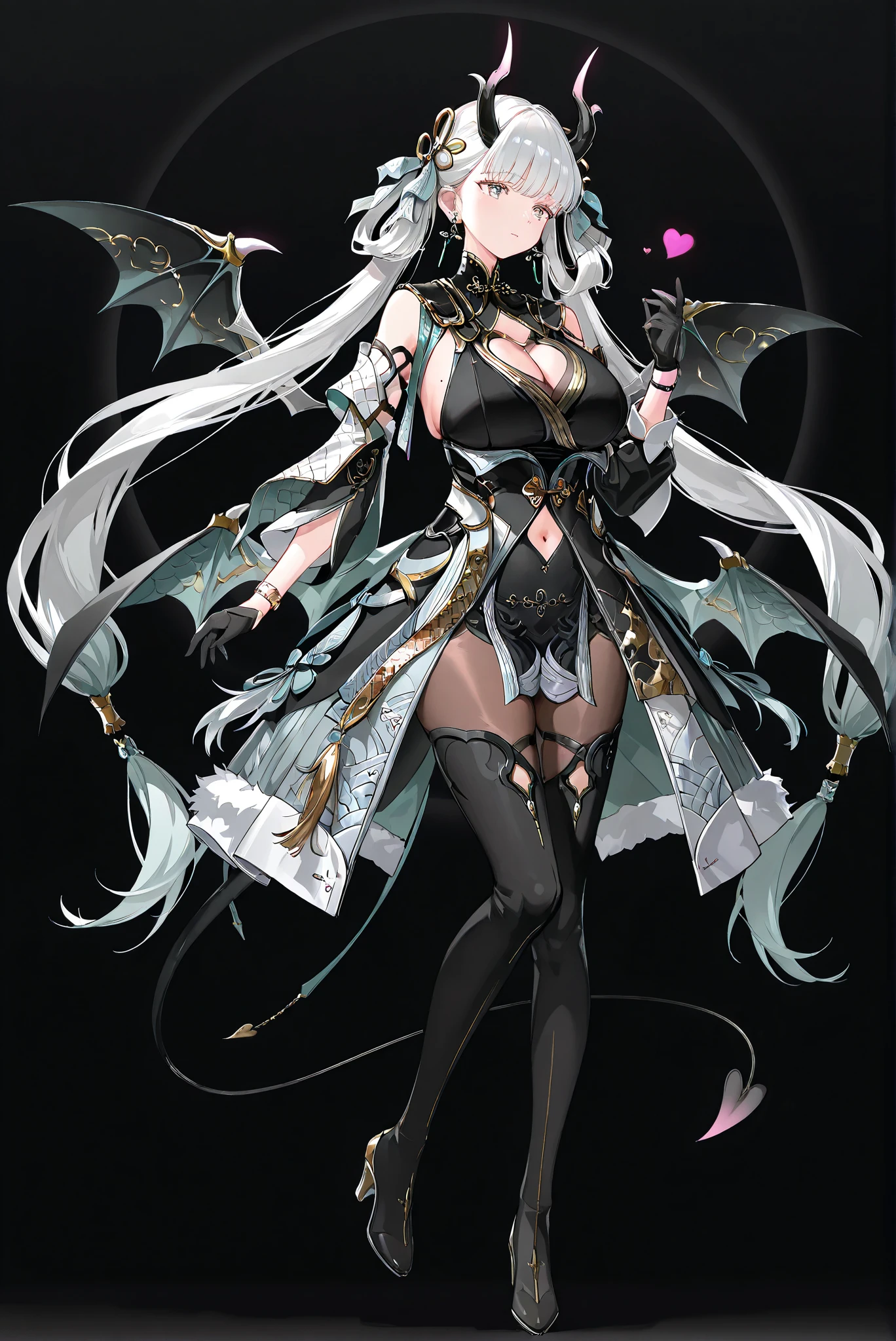 ，（ stands，whole body， high heels:1.7)，HoleHeels，oval/Circle/Thorn/Horn Heels，succubus_heart, 1girl , Alone, gloves, long sleeves,dress, navel, cleavage, bare shoulders, tail, pantyhose, thighs, detached sleeves, Wings, horns, black gloves, black footwear, mole, huge breasts, black dress, high heels,  fur trim, clothing cutout, cleavage cutout, demon girl, animal print, demon horns, demon tail, pelvic curtain, black Wings, demon Wings, mole on breast, brown pantyhose, low Wings, navel cutout, heart cutout
 , Limited Color Palette, Black Background ,Colorful, vivid colors ,Flashing silhouette ,neon,black light ,watch,  Masterpiece,  very beautiful ,jinhsi_\(wuthering_waves)\, grey eyes ,white hair ,twintails , dress,earrings,thigh boots,hair rings,tassel,chinese clothes,bracelet, dragon horns,
