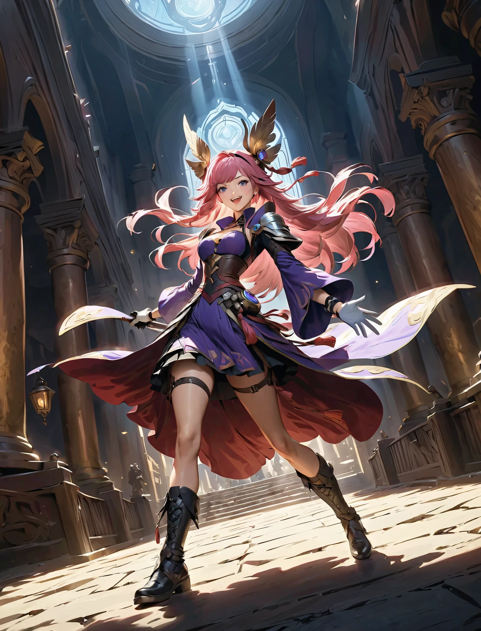score_9, score_8_up, score_7_up, score_6_up, score_5_up, score_4_up,Hoyoearth, 1girl, solo, long hair, looking at viewer, smile, open mouth, bangs, simple background, hair ornament, gloves, white background, dress, very long hair, purple eyes, full body, pink hair, multicolored hair, frills, white gloves, wide sleeves, tassel, vision (genshin impact), half gloves, bow-shaped hair, very detailed, cinematic angle, outdoors, ultra sharp, rembrandt lighting, side lighting, cinematic shading, cinematic lighting, foreshortening, detailed background, Hoyoverse,, source_anime , 