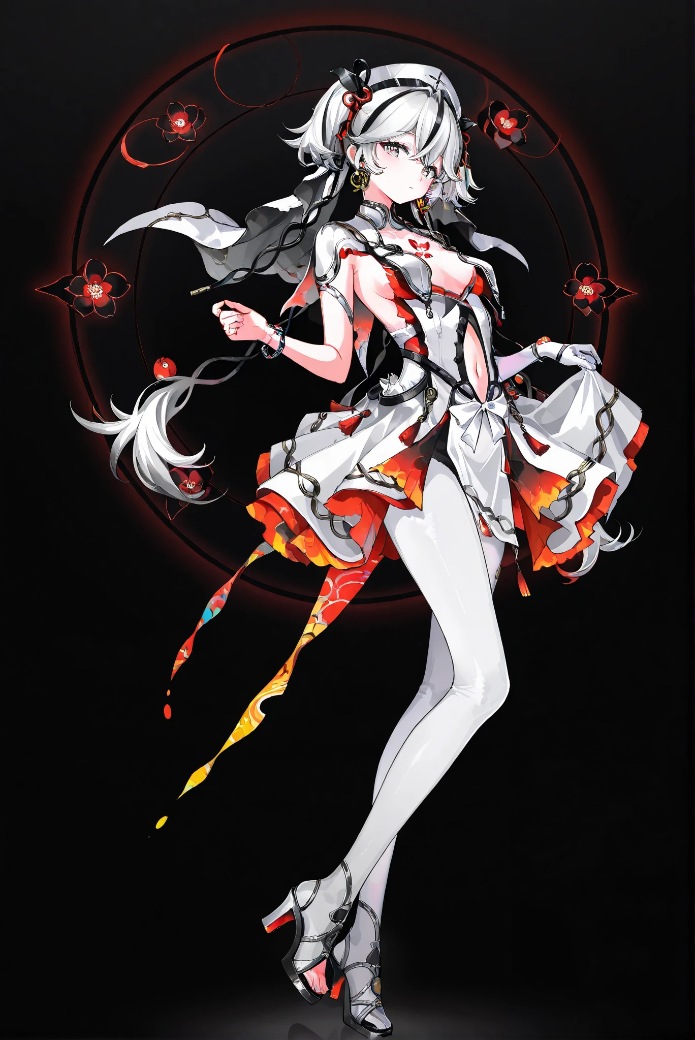,( stands,whole body, high heels:1.7),HoleHeels,oval/Circle/Thorn/Horn Heels,ruanyi0847,bodysuit,breast curtains,dress,nun,pantyhose,pelvic curtain , Limited Color Palette, Black Background ,Colorful, vivid colors ,Flashing silhouette ,neon,black light ,watch, Masterpiece, very beautiful ,1: camellia_\(wuthering_waves\), white hair,multicolored hair,twintails ,grey eyes,streaked hair ,tattoo,symbol-shaped pupils , white dress ,navel cutout,earrings , single pants ,bracelet, sandals ,single glove ,asymmetrical clothes,sideboob,