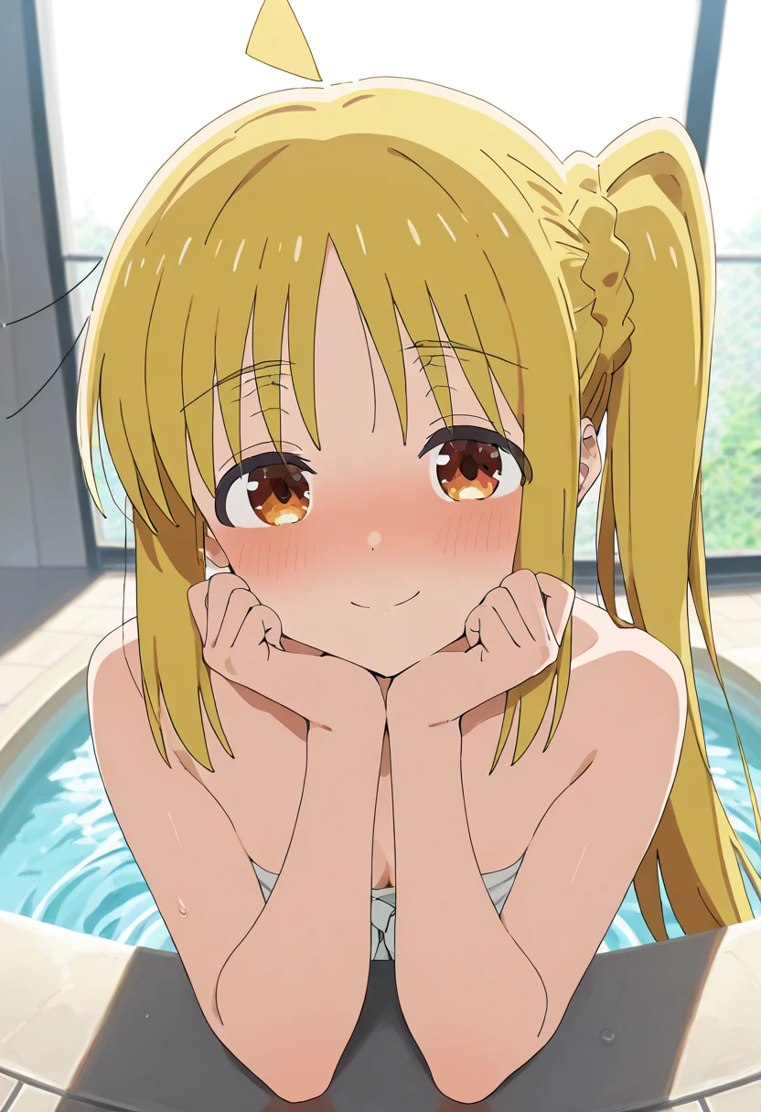 Outdoor,(night),Near hot springs,steam,Rika Jougasaki,Yellow and orange hair hoop, orgasm, blush,,blush,(naked),Small breasts,((1boy,ass pov,paizuri,breast in 1penis,)),View your viewers,Looking up,cum on breasts,upper body,