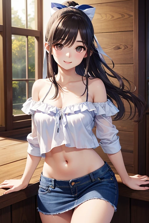 best quality, highres,1 woman,Slender、small face、brown eyes、tall、In town、black hair BREAK、long hair、(white short sleeve t-shirt:1.4 BREAK)、(black skirt:1.2)、(beautiful woman:1.5)、25 years old、Mature、midriff peek,(off-the-shoulder:1.3)、(I can see the cleavage:1.3)
