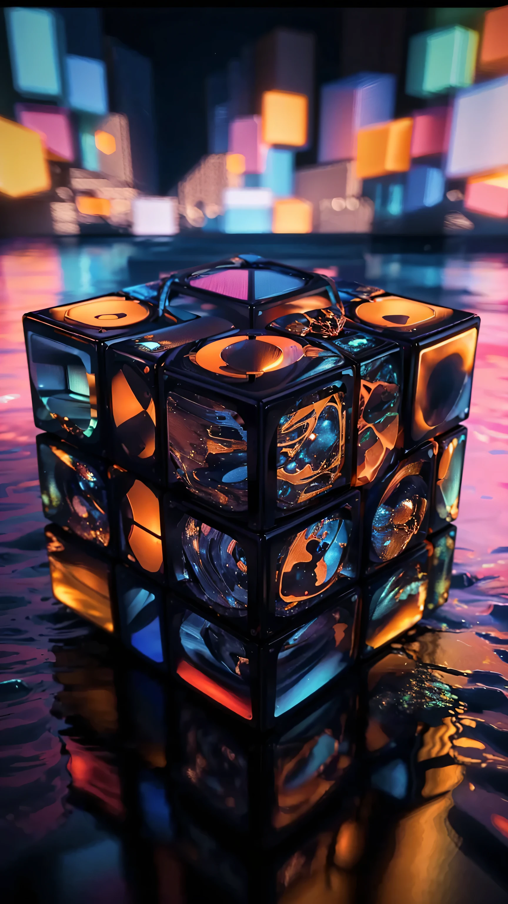 brightly lit cube on the ground with a city in the background, a rubik's cube, inspired by Ernő Rubik, cubo-futurism, cubo - futurism, the cube, lit. 'the cube', translucent cube, hypercube, cubes, borg cube, cube, mesmerizing fractal hypercubes, 3d digital art 4k, beeple masterpiece, Highly detailed, vibrant colors, ultra-realistic textures, enhanced materials, intricate patterns, lifelike lighting, deep shadows, rich contrast, photorealistic rendering, smooth gradients, sharp focus, dynamic composition, immersive depth, true-to-life reflections, refined highlights, cinematic quality, vivid and crisp details, natural material textures, soft and hard light interplay, high-resolution clarity, realistic depth of field, enhanced surface details, hyper-detailed photo refinement, rich and dynamic tones, realistic fabric and metal rendering, High image quality, ultra-sharp focus, vibrant colors, crystal-clear details, high resolution, photorealistic textures, dynamic range, lifelike lighting, smooth gradients, enhanced clarity, refined shadows, true-to-life reflections, high-definition precision, immersive depth, perfect contrast, detailed highlights, realistic depth of field, rich tones, clean edges, smooth transitions, natural materials, noise-free image, true color accuracy, cinematic clarity, high-quality rendering, flawless composition.