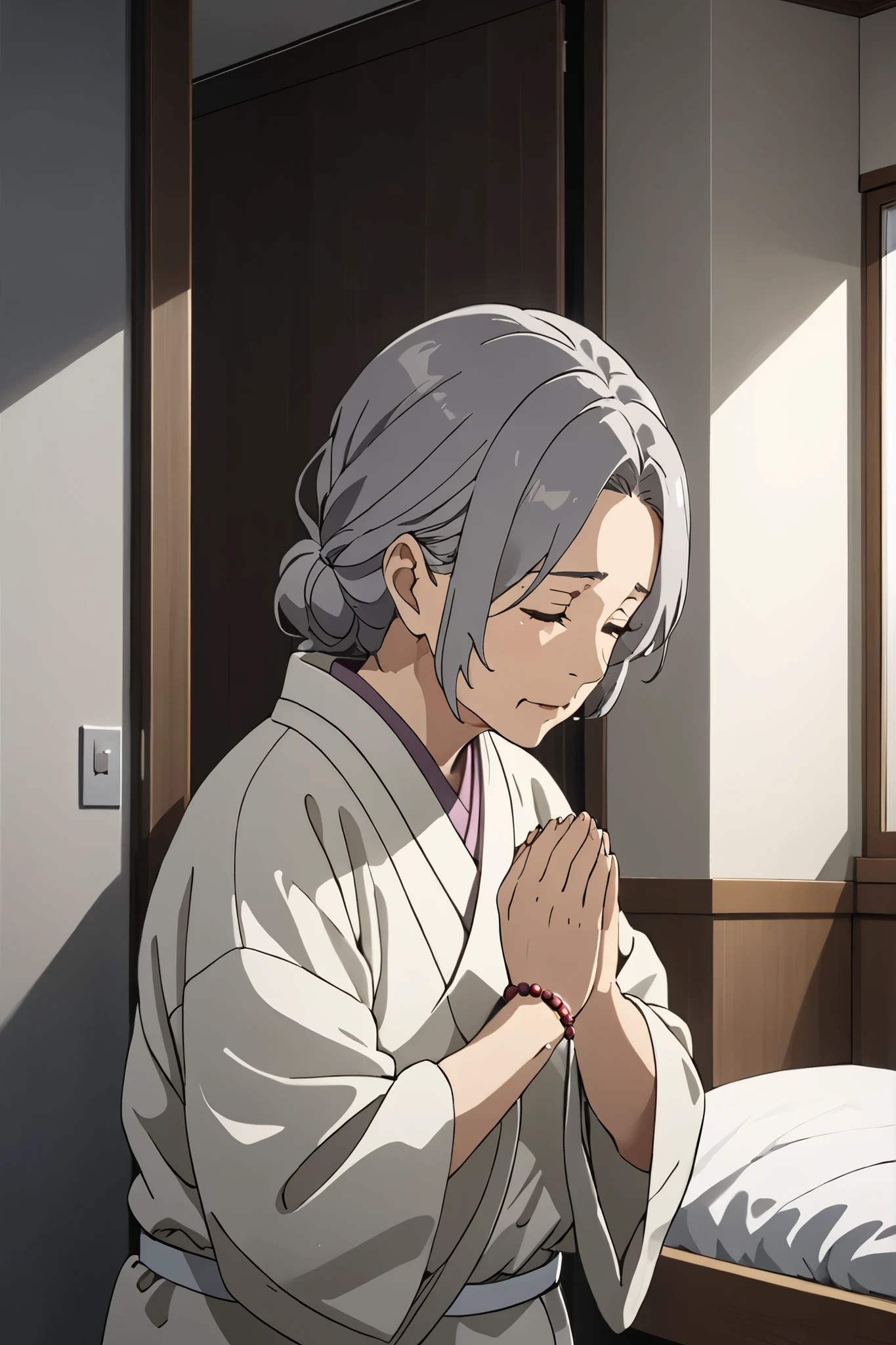 older woman 、 is thin、 Low、 white kimono、Prayer beads、 apartment bedroom 、Close your eyes and worry、 real 、 High precision、 dark room