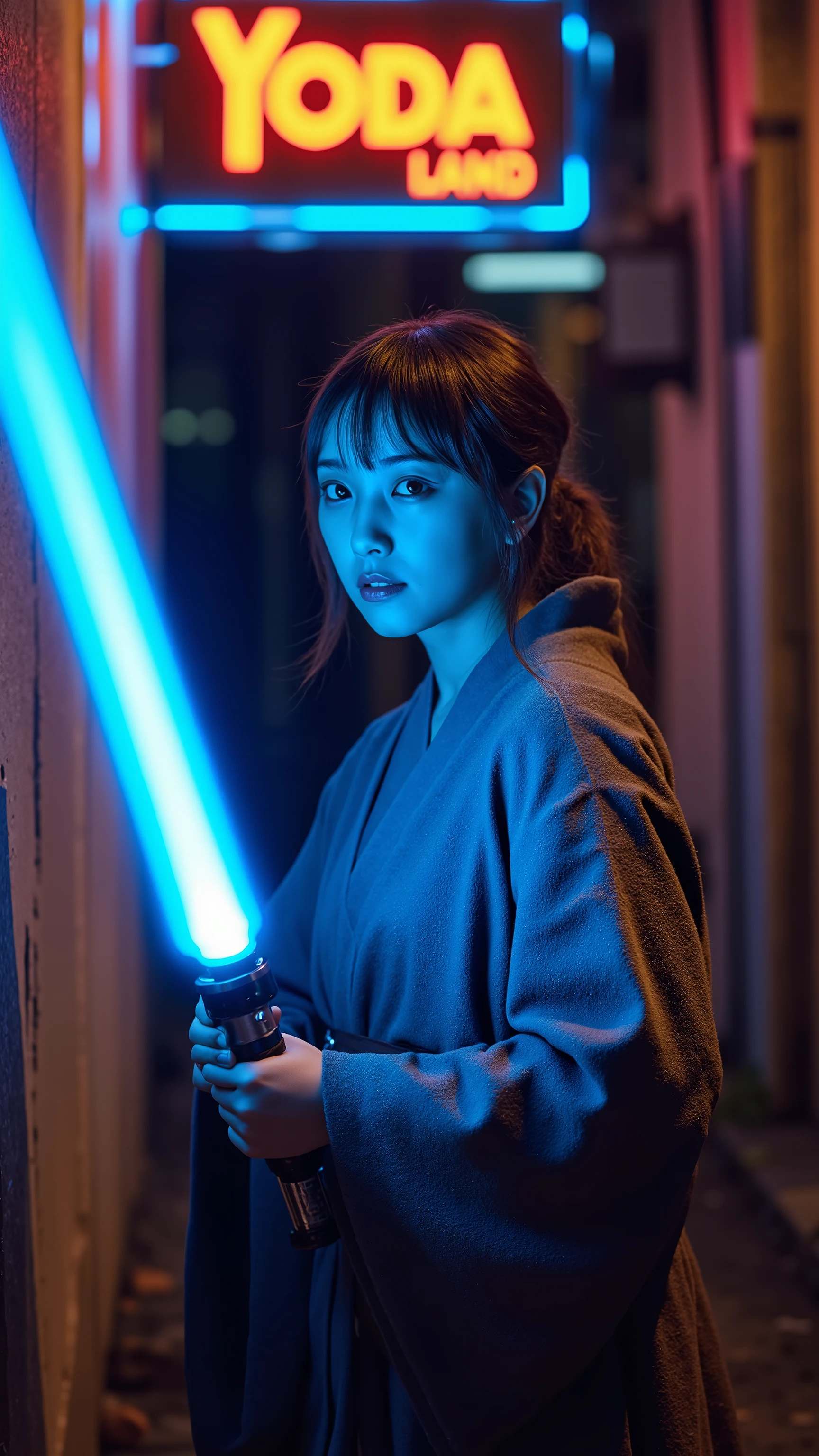 A high resolution photograph of a Japanese young woman in jedioutfit standing with blue light saber, photo-realistic, realistic portrait, face focus, close-up, cinematic lighting, profile, outdoors, alley, outside bar with "YODA Land" neon sign, at night,