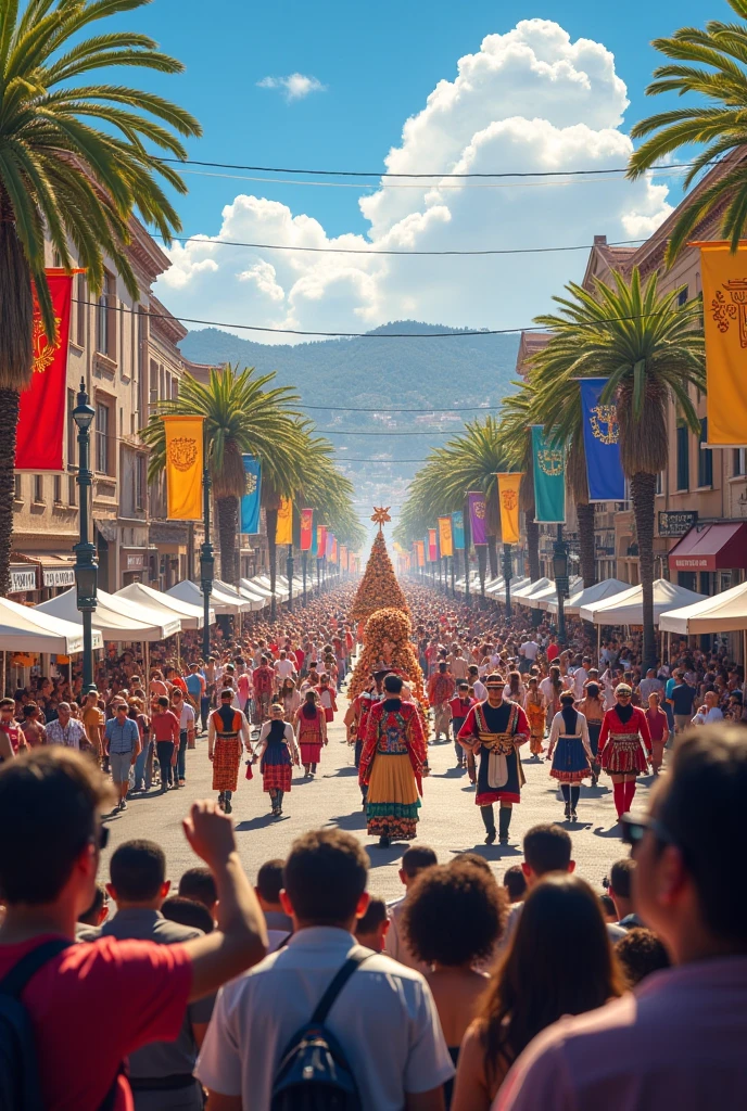 The image shows an aerial view of a lively Colombian city during a festival, con calles estrechas . En esta plaza, You can see groups of dancers dressed in colorful costumes typical of the region, participating in piloneras and other folk dances. con realismo cinematografico