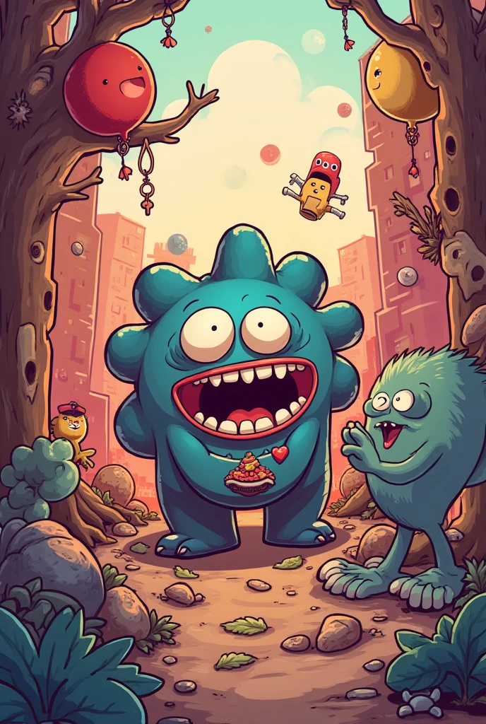 Cartoon illustration of a boy surrounded by monsters and monsters, cute monster character design, cute monster, monster character design, full art illustration, Cute detailed digital art, cute cyber gods, video game fanart, monsters in the background, The art of game development, cute detailed artwork, inspired by Tim Biskup, in rick and morty art style, fantasy sticker illustration, Game art!!