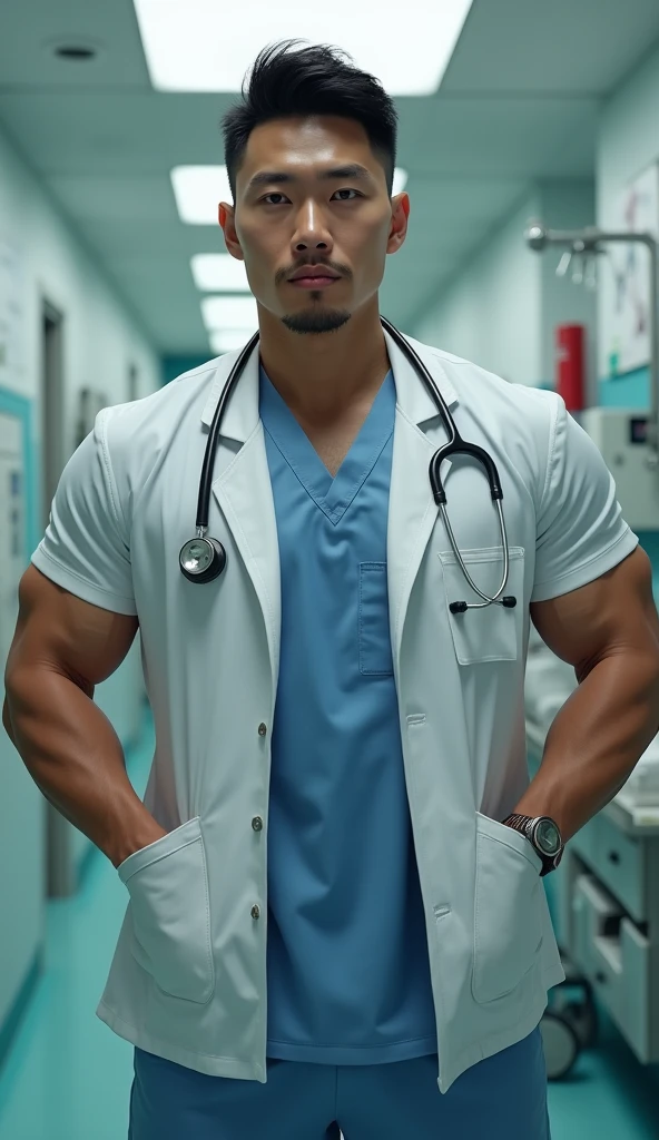 A muscular gym worker doctor, wore a half of his working white doctors suit,,,