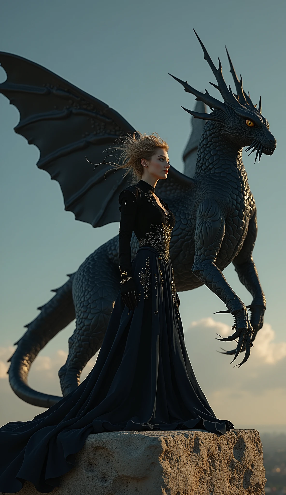 (photorealism:1.2), woman in a black ball gown, with blond hair, back turned to the viewer, standing in front of a HUGE dragons, with it’s wings spread behind it, in a meadow