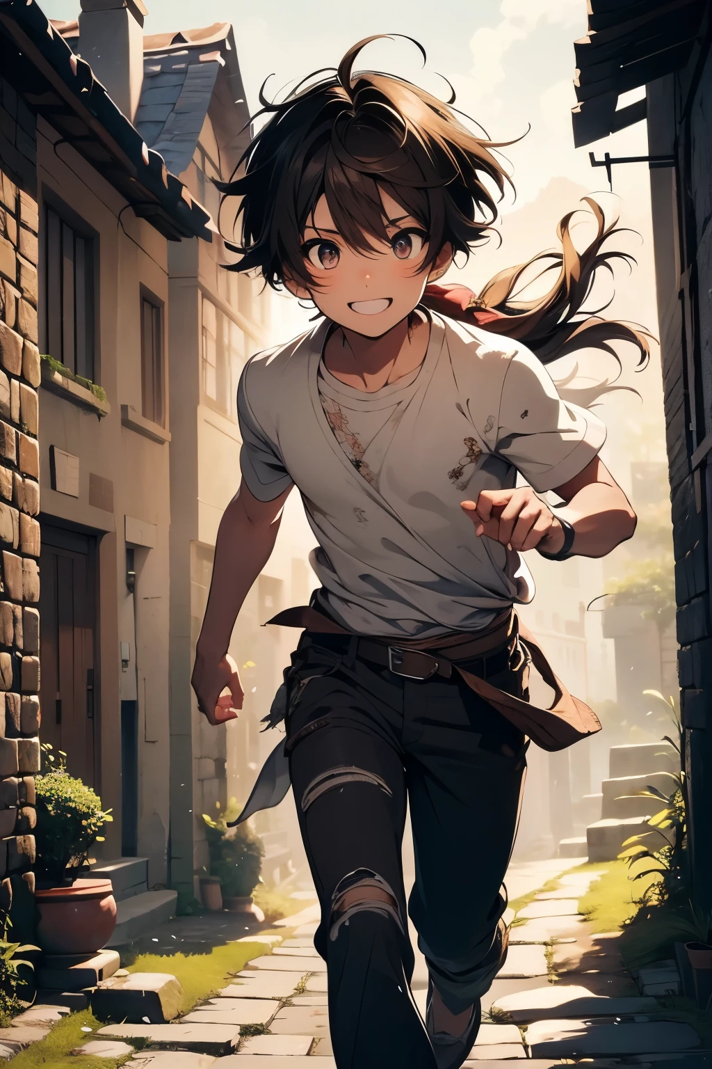 Masterpiece, 8K, 4K, highly detailed illustration, anime style, boy, tanned brown skin with bandages and gauze in some places, disheveled brown hair, energetically running around, his tied-up hair swaying gently in the wind, delicate eyelashes, a wide smile revealing white teeth, expressing joy and excitement, simple brown shirt and pants, background featuring a small path lined with old stone houses, running toward the viewer on a narrow street, soft lighting, intricate background, high quality, masterpiece, professional artwork, perfect color balance, ultra-realistic texture, beautiful composition.