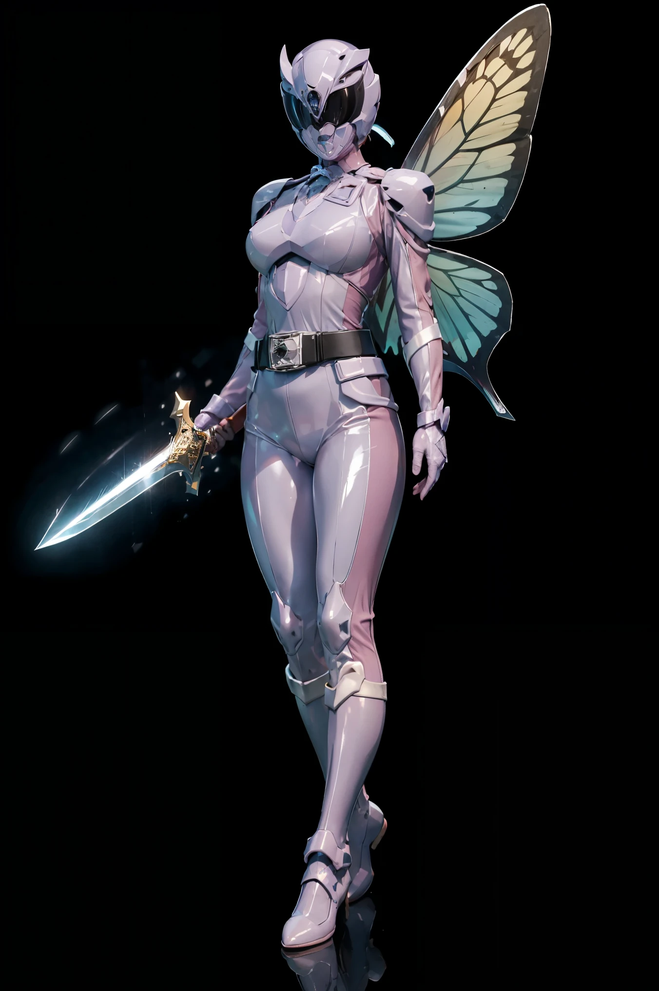 1girl, full body, Illustration, cinematic light, high resolution, best quality, ultra-detailed, masterpiece, power suit, powerranger, suit, kingohger, holding sword, butterfly wings