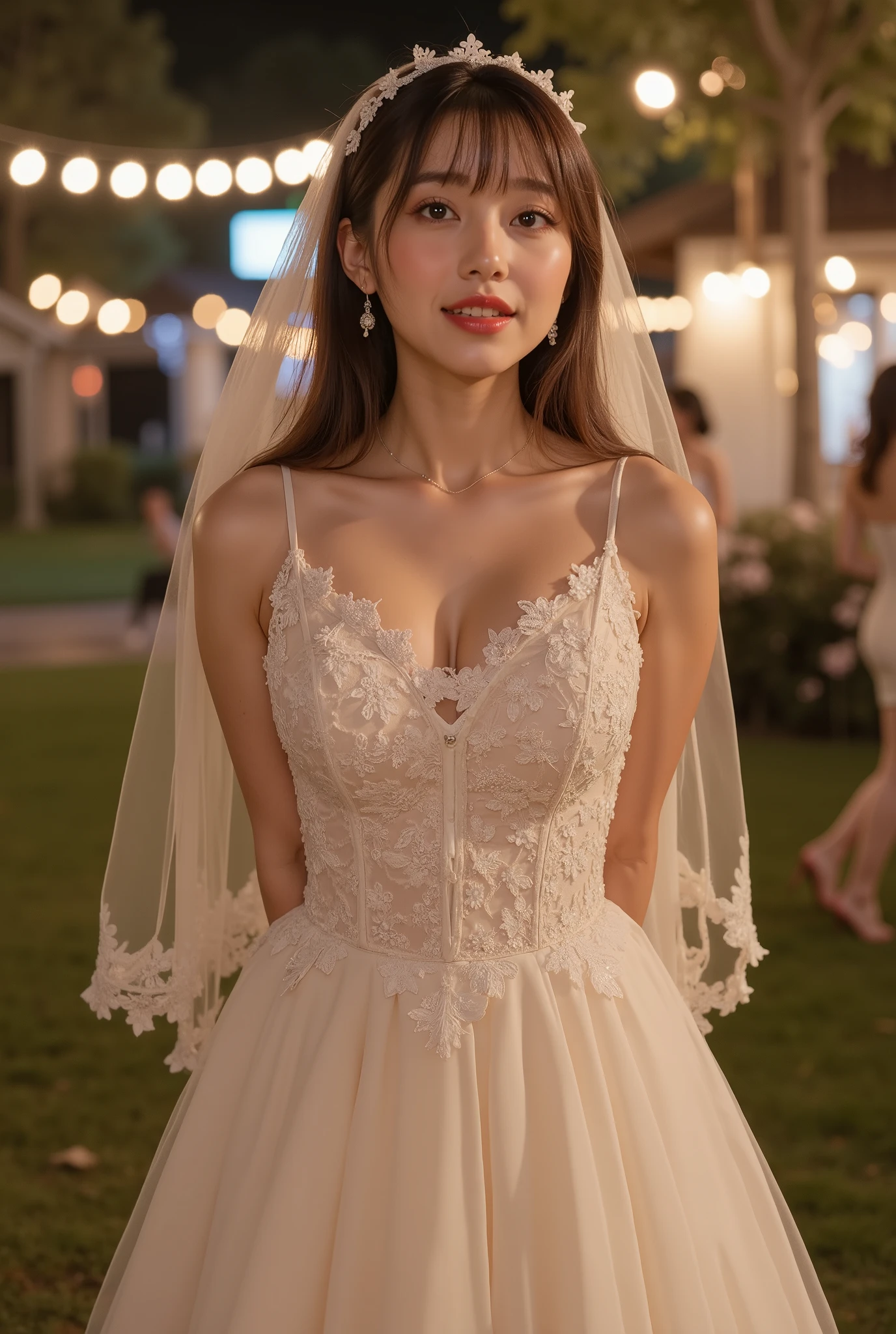 ((masterpiece:1.2)), (Highest quality, High resolution, Ultra-realistic live-action representation, Fine skin expression, Four fingers and a thumb:1.2,), Cinematic Lighting, shape, night, 1 girl, ((perfect cute face)), ((whole body)), ((big thick thighs)), (Wedding Dresses), (wedding veil), Put your arms around your back, Waiting for a kiss, Gazing at the viewer, Happy, blush,