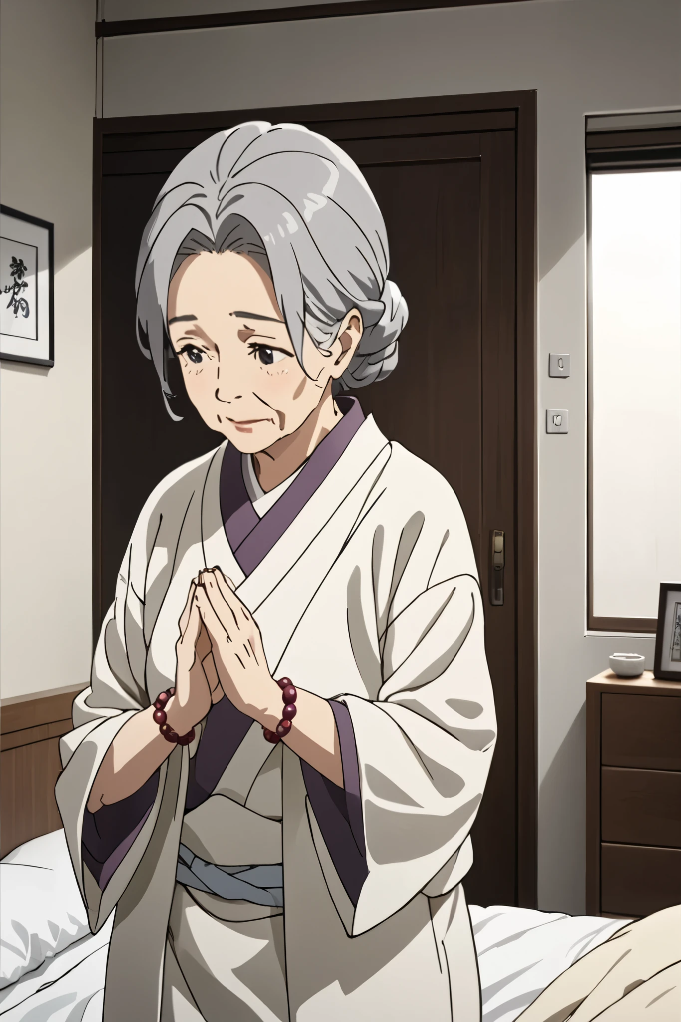 older woman 、 is thin、 Low、 white kimono、Prayer beads、 apartment bedroom 、talk、 looking here、 real 、 High precision