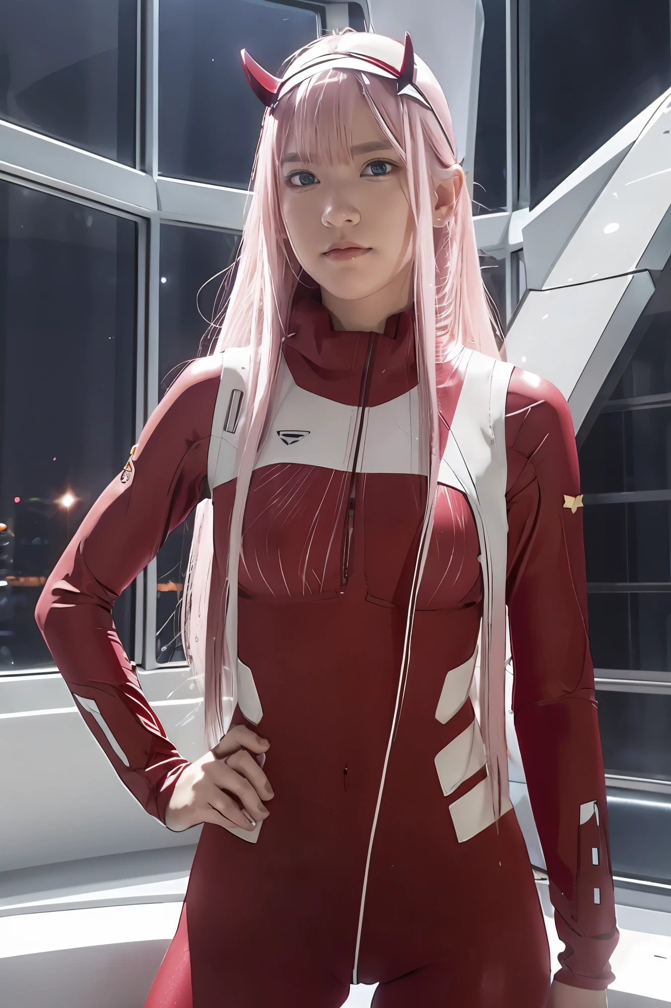 dynamic angle,ultra-detailed, illustration, straight on, 1girl, ((Zero two, interface headband with a pair of horns, red bodysuit:1.4, pink hair)), Her eyes shone like dreamy stars,(glowing eyes:1.233),(beautiful and detailed eyes:1.1),(expressionless, closed mouth),(standing), (mechanic room with tools and spaceship window in a white SPACESHIP), (night:1.2), dreamy, [[delicate fingers and hands:0.55]::0.85],(detail fingers), smirk,