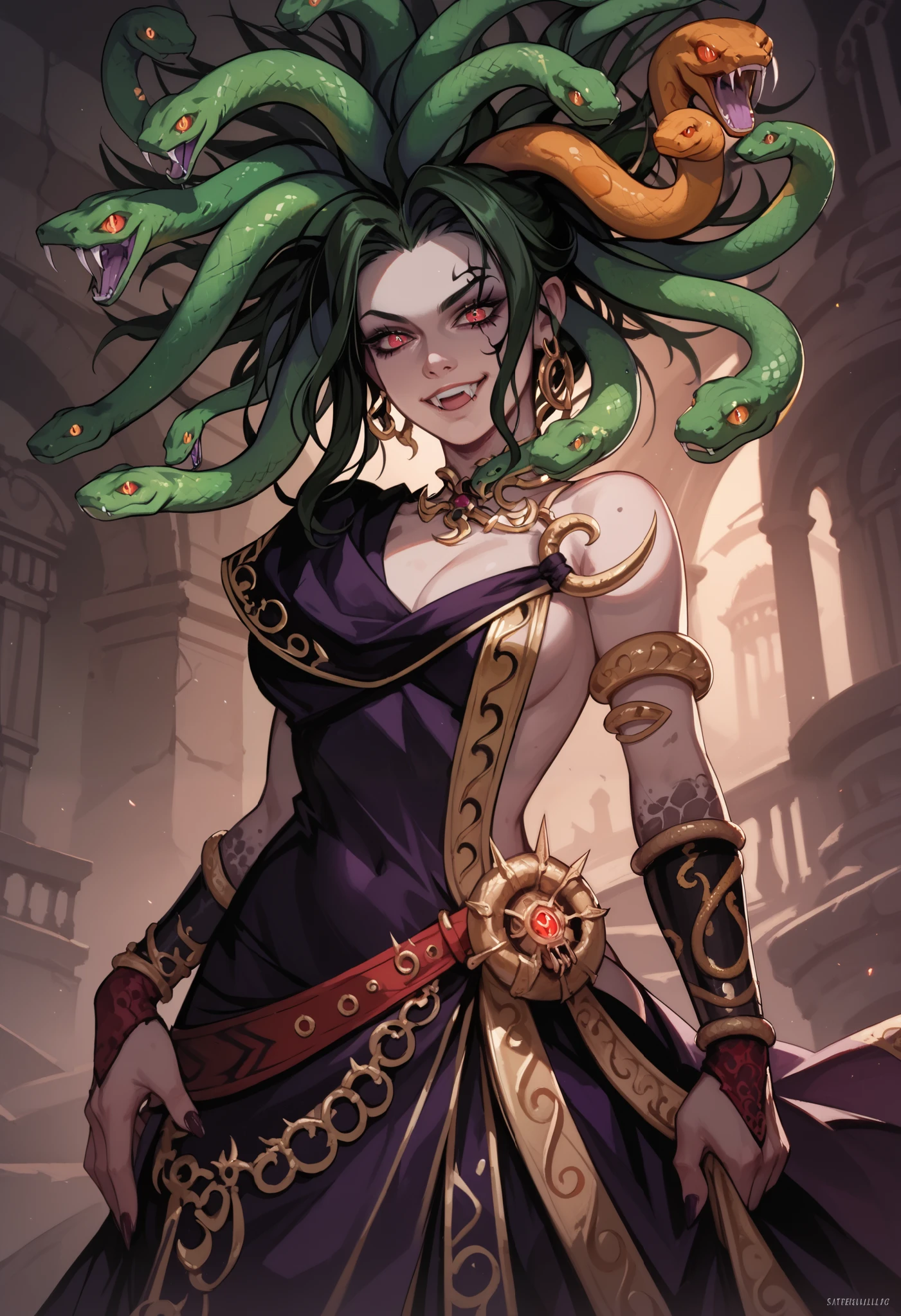 Gothic art, cinematic lighting, masterpiece, best quality, super detail, 8k, A dark fantasy illustration of Medusa, a mythical woman with green snake hair. Her glowing red eyes possess a petrifying gaze, and she wears a sinister smile. She is dressed in an elegant purple gown, standing in her dimly lit rocky lair. The atmosphere is eerie and mysterious, with shadows casting across jagged stones. The snakes on her head wriggle menacingly, their fangs bared. The scene is detailed, with a dramatic play of light and shadow enhancing her ominous presence