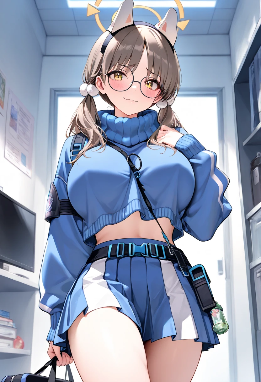 woman,14 years old,,city,night,(((white and blue tight miniskirt bodysuit))),,open mouth smile((See-through))(((Glasses))),((Beautiful long ponytail)),(()),blush、surprised face,((())),((blonde))(((On the way to changing clothes)))(((While undressing)))