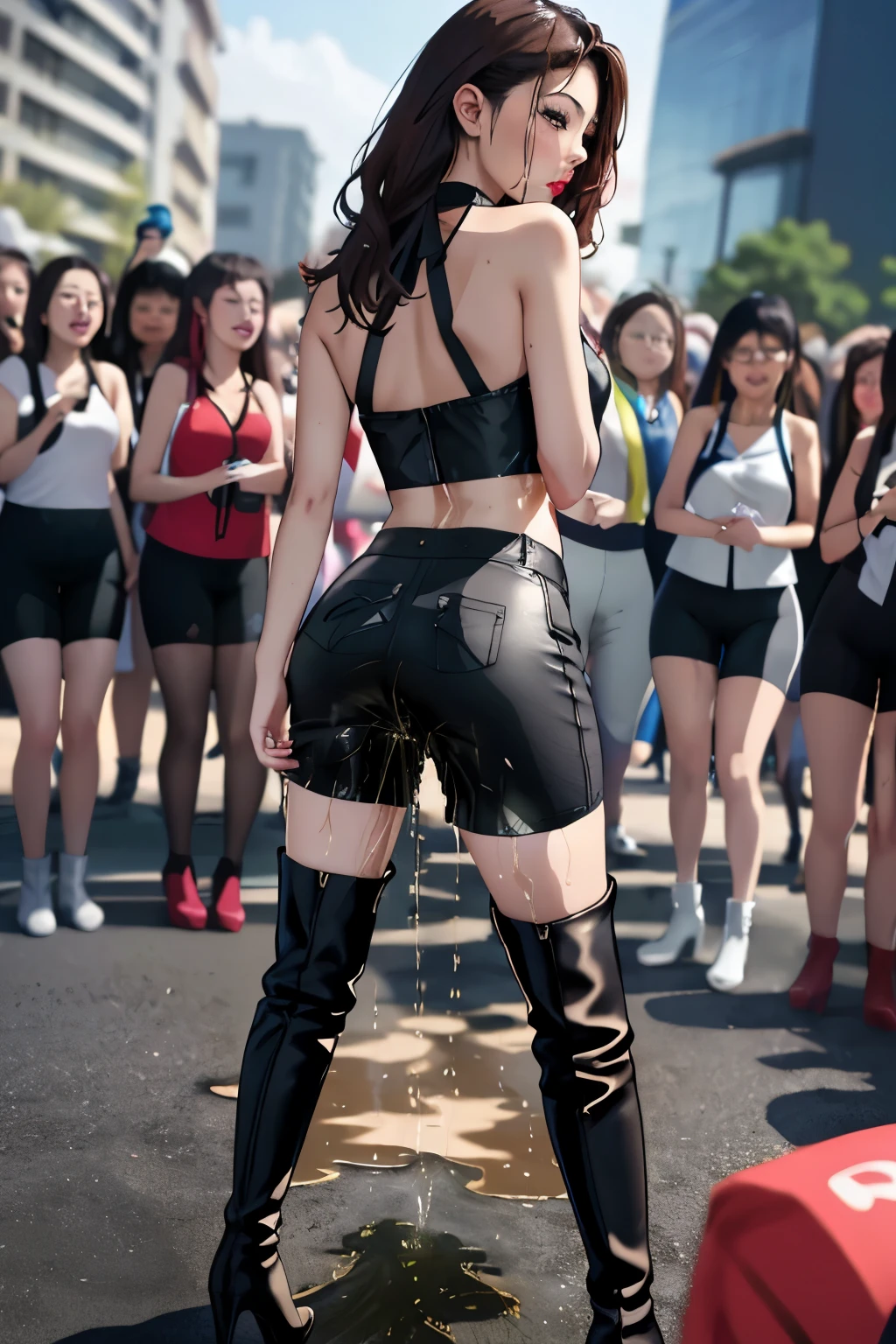 anime, best quality, high quality, highres, beautiful women, high detail, good lighting, lewd, hentai, (((bike shorts))), (leather halter top), (bare midriff), (((wearing stockings))), (((leather thigh high heel boots))), (wet shorts), (((wetting herself))), (((peeing herself))), (((peeing self))), (pee streaming down legs), peeing stain, (puddle), (thick thighs), nice long legs, lipstick, pretty face, sexually aroused, ((in public with crowd of women all peeing themselves)), hihelz, (view of butt)