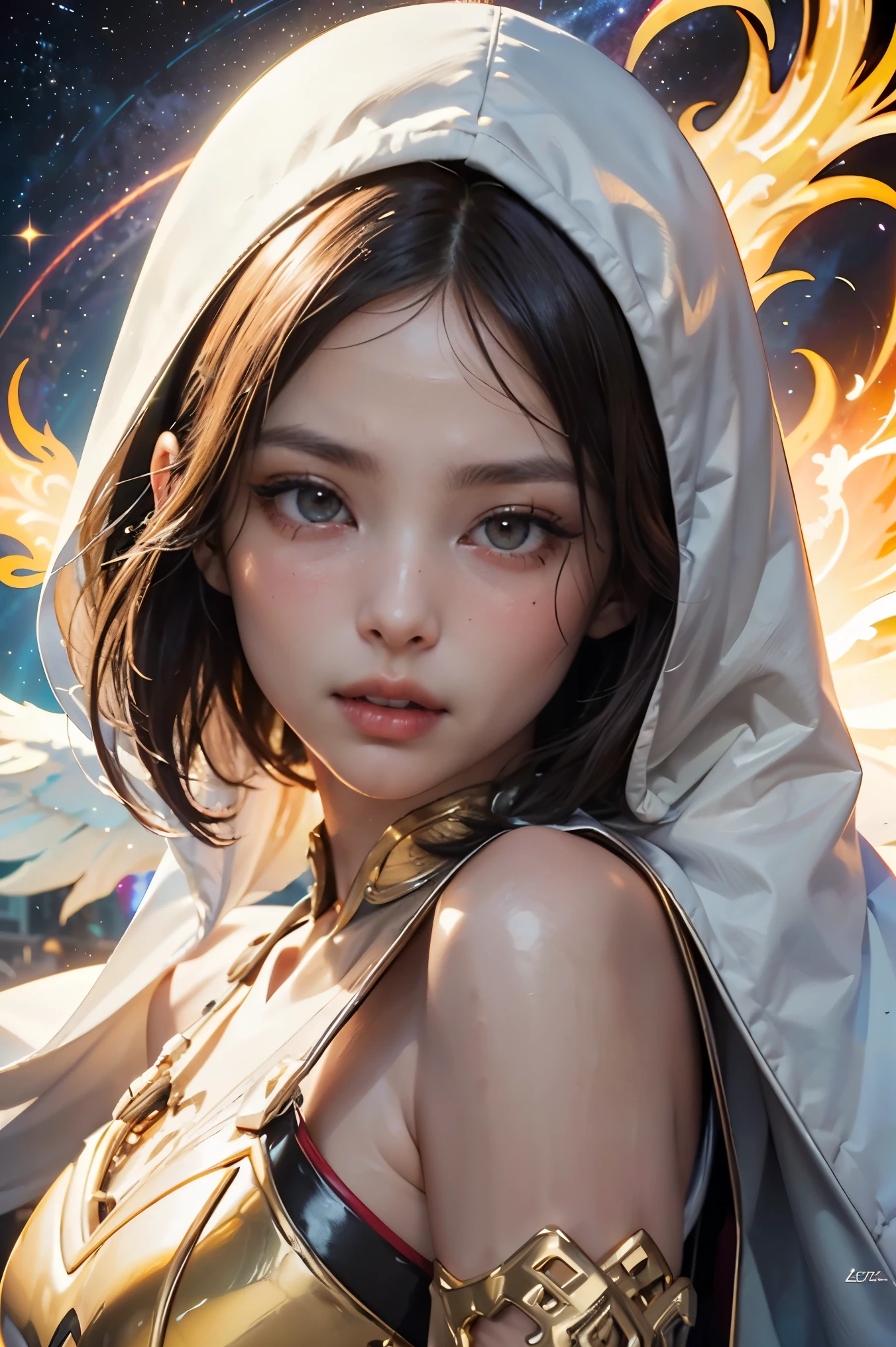 (masterpiece, top quality, best quality, official art, beautiful and aesthetic:1.2), (1girl), extreme detailed eyes, (fractal art:1.3), colorful, highest detailed, (perfect face), shiny skin, HDR, (white cloak golden lines:1.2), galaxy, (light streaks), striking visuals, (dynamic streaks, luminous trails:1.2), vibrant colors, (phoenix), (dragon)