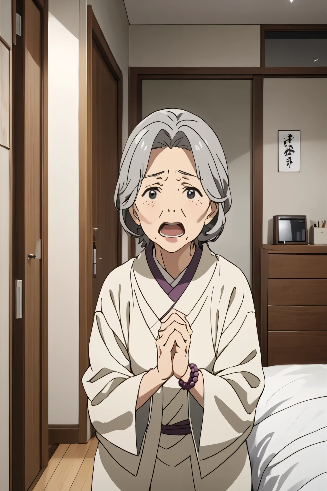 older woman 、 is thin、 Low、 white kimono、Prayer beads、 apartment bedroom 、talk、I'm looking at this and talking、 real 、 High precision、 open your mouth