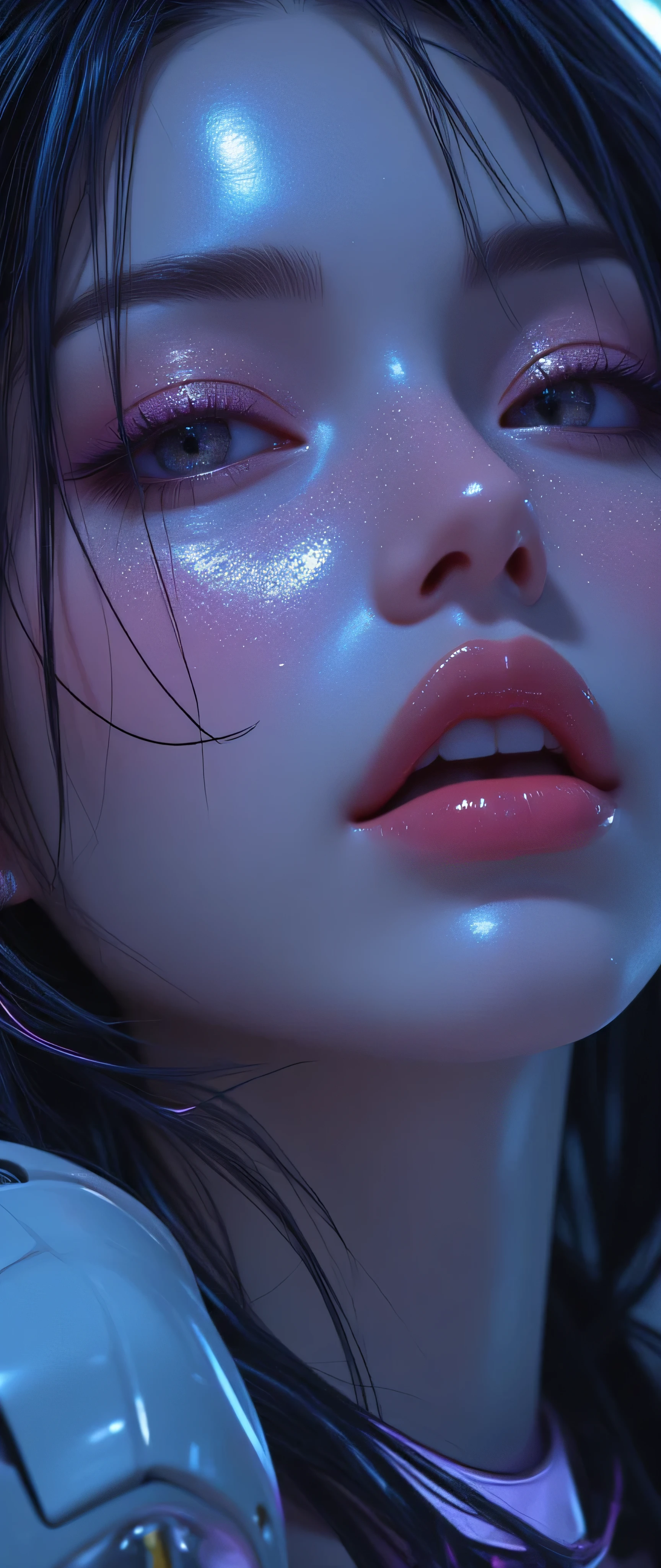 80’s glam rock makeup on shiny android face, anime, 2.5D, Glittery face, moody lighting, (purples, pinks, and blues), iridescent face, abstract ai model, pretty, sexy, minimal, sleek, slender, asian, elegant, chic, futuristic, retro, sophisticated half human half machine, close up face portrait, mouth open wide, ((((ahegao)))), orgasm, half-closed eyes, blowjob,