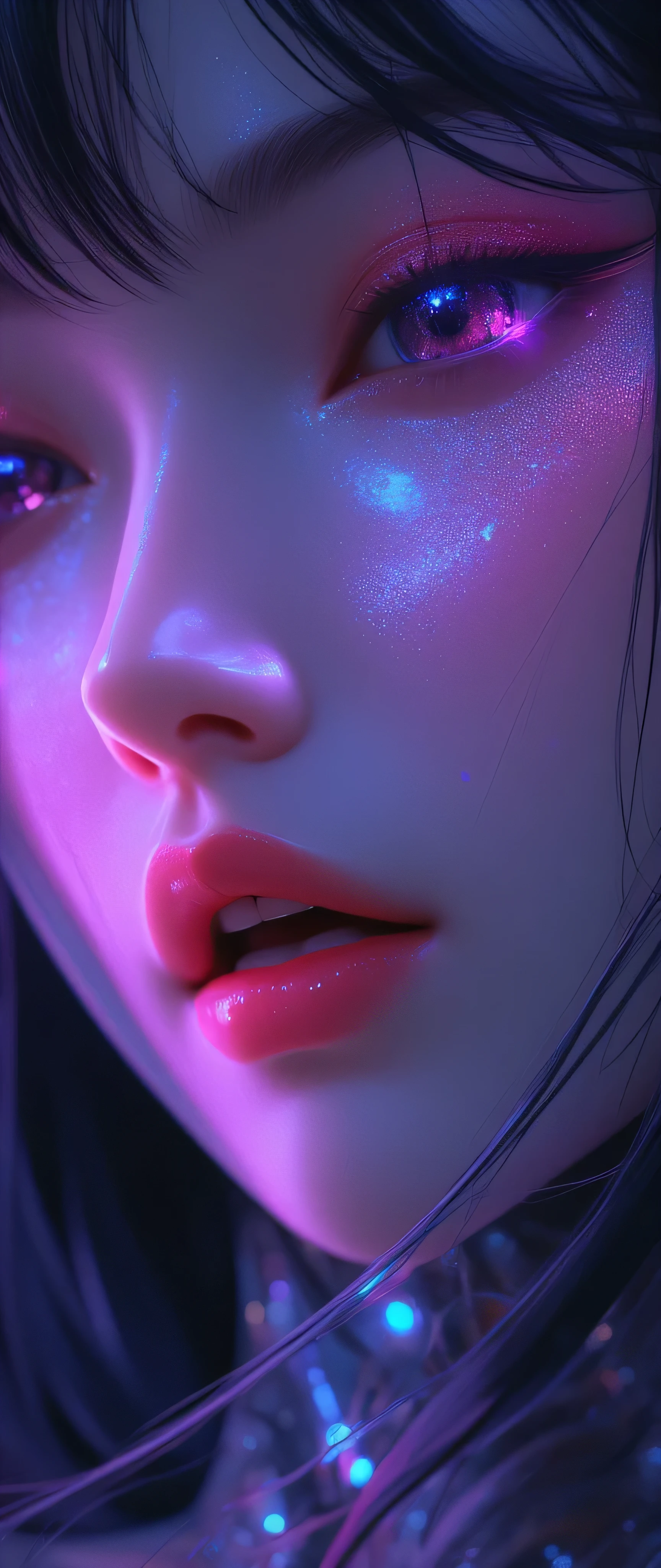 80’s glam rock makeup on shiny android face, anime, 2.5D, Glittery face, moody lighting, (purples, pinks, and blues), iridescent face, abstract ai model, pretty, sexy, minimal, sleek, slender, asian, elegant, chic, futuristic, retro, sophisticated half human half machine, close up face portrait, mouth open wide, ((((ahegao)))), orgasm, half-closed eyes, blowjob,
