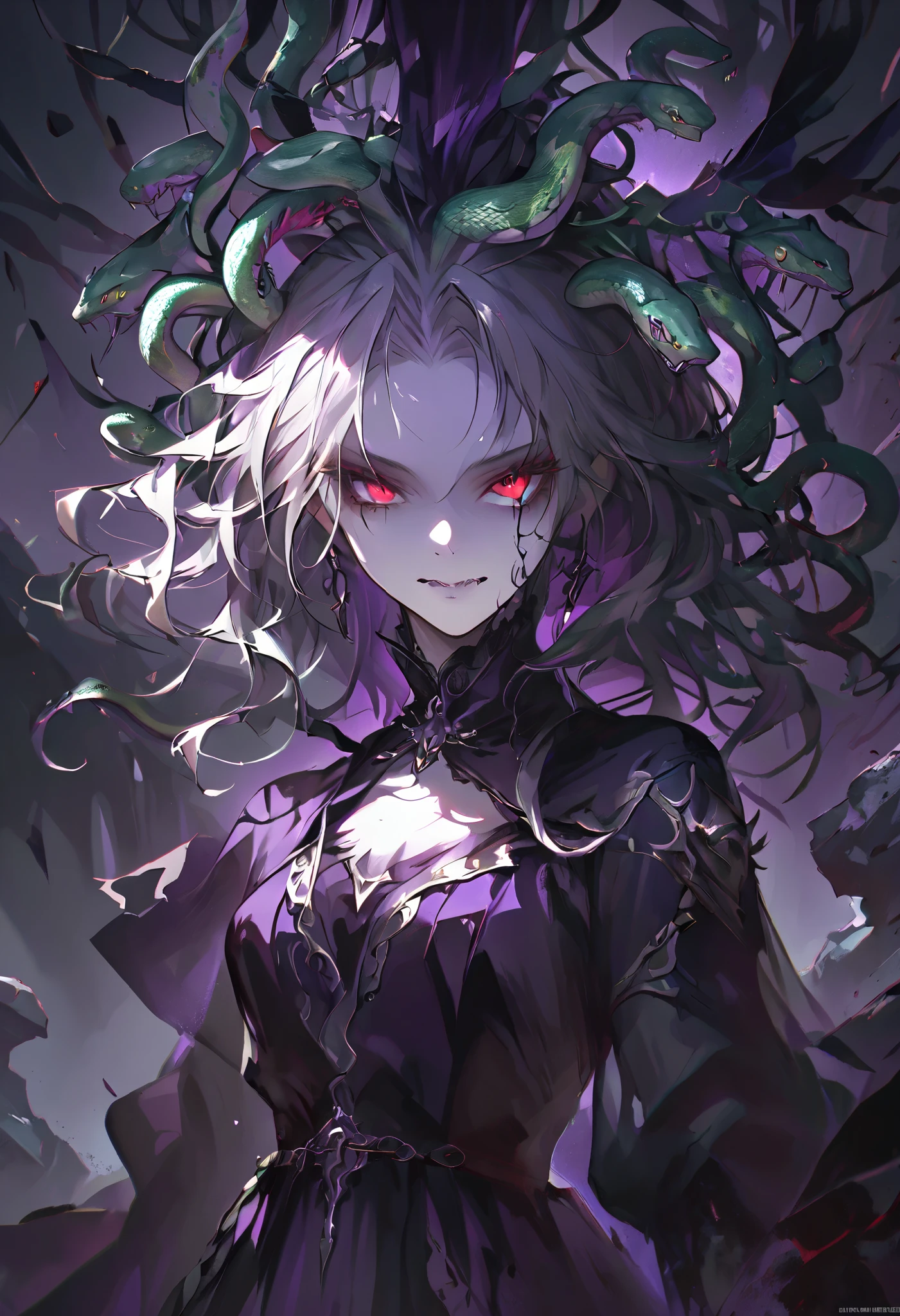 Gothic art, cinematic lighting, masterpiece, best quality, super detail, 8k, A dark fantasy illustration of Medusa, a mythical woman with green snake hair. Her glowing red eyes possess a petrifying gaze, and she wears a sinister smile. She is dressed in an elegant purple gown, standing in her dimly lit rocky lair. The atmosphere is eerie and mysterious, with shadows casting across jagged stones. The snakes on her head wriggle menacingly, their fangs bared. The scene is detailed, with a dramatic play of light and shadow enhancing her ominous presence