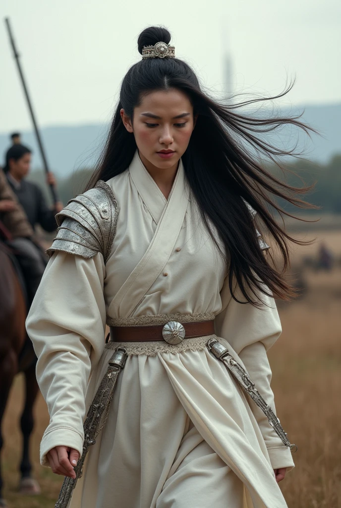 古代韓国の女性将軍, 朝鮮時代, 風になびく長い黒髪, 軽装の白い将軍の戦闘服を着ている, 戦後、馬と共に歩く, 背景には戦闘の余波 ...
