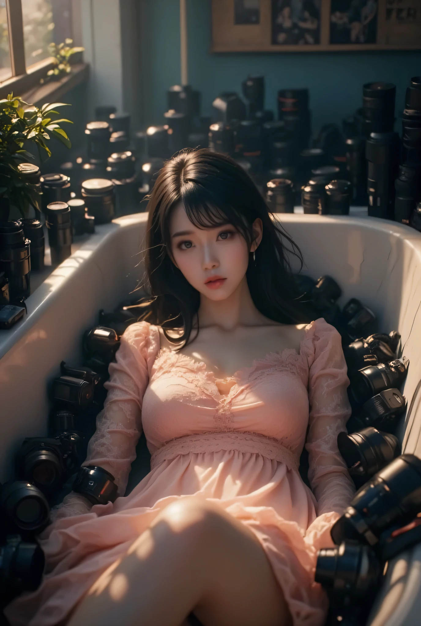 documentary photo, realistic, dramatic scene, very beautiful Japanese high school girl, famous beautiful Japanese idol, cute woman, (extremely large breasts), slim waist, (beautiful with cute but cool boyish face:1.2), she is wearing beautiful pink lace dress, she is lying in the large bathtub on a huge number of used cameras and lenses, there are a huge number of used cameras are cluttered in the large bathtub, soft light