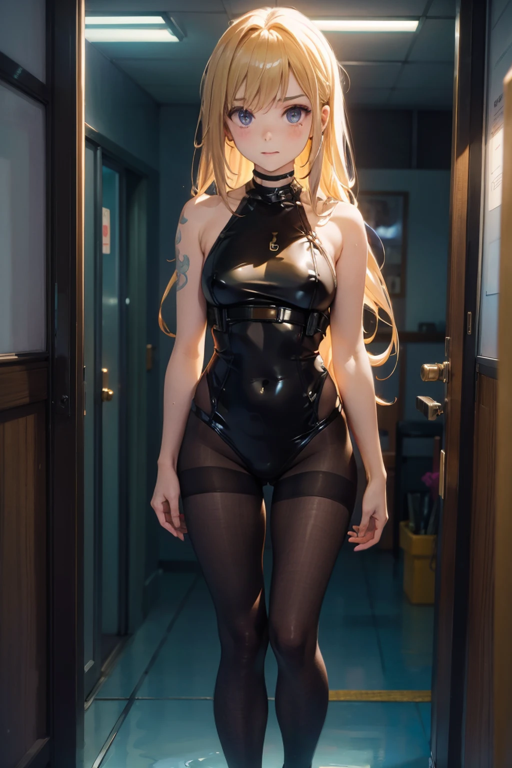 (masterpiece: 1.2), (full length), top quality, masterpiece, blonde, one girl, underwear, stockings, brilliant, thin hips, slender body, Wet texture, Beautiful girl, shameful, original, 14 years,