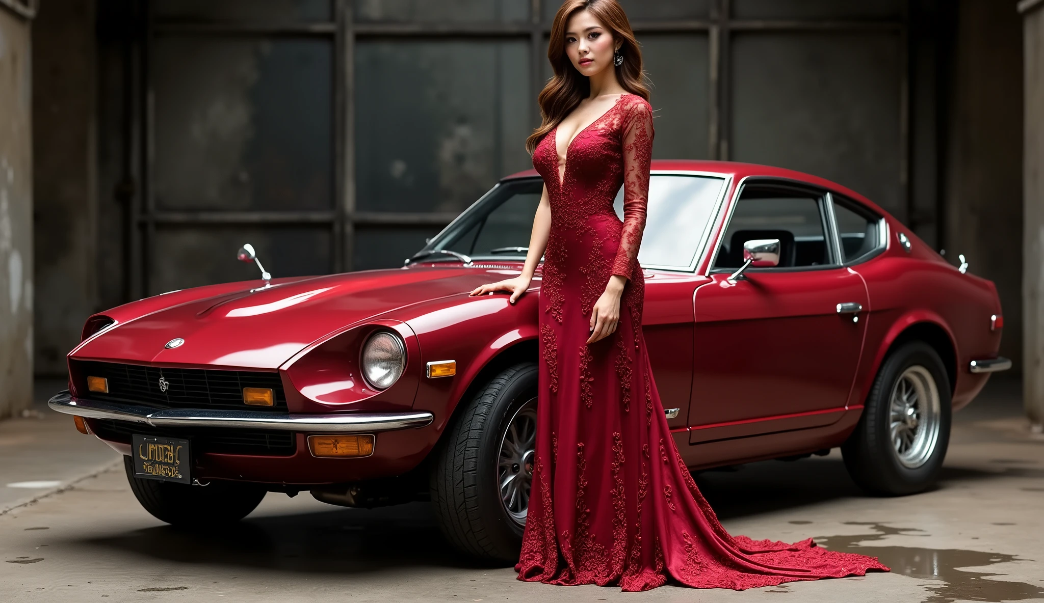 Lady wearing a crimson Fairlady Z ： S30 and a lace dress