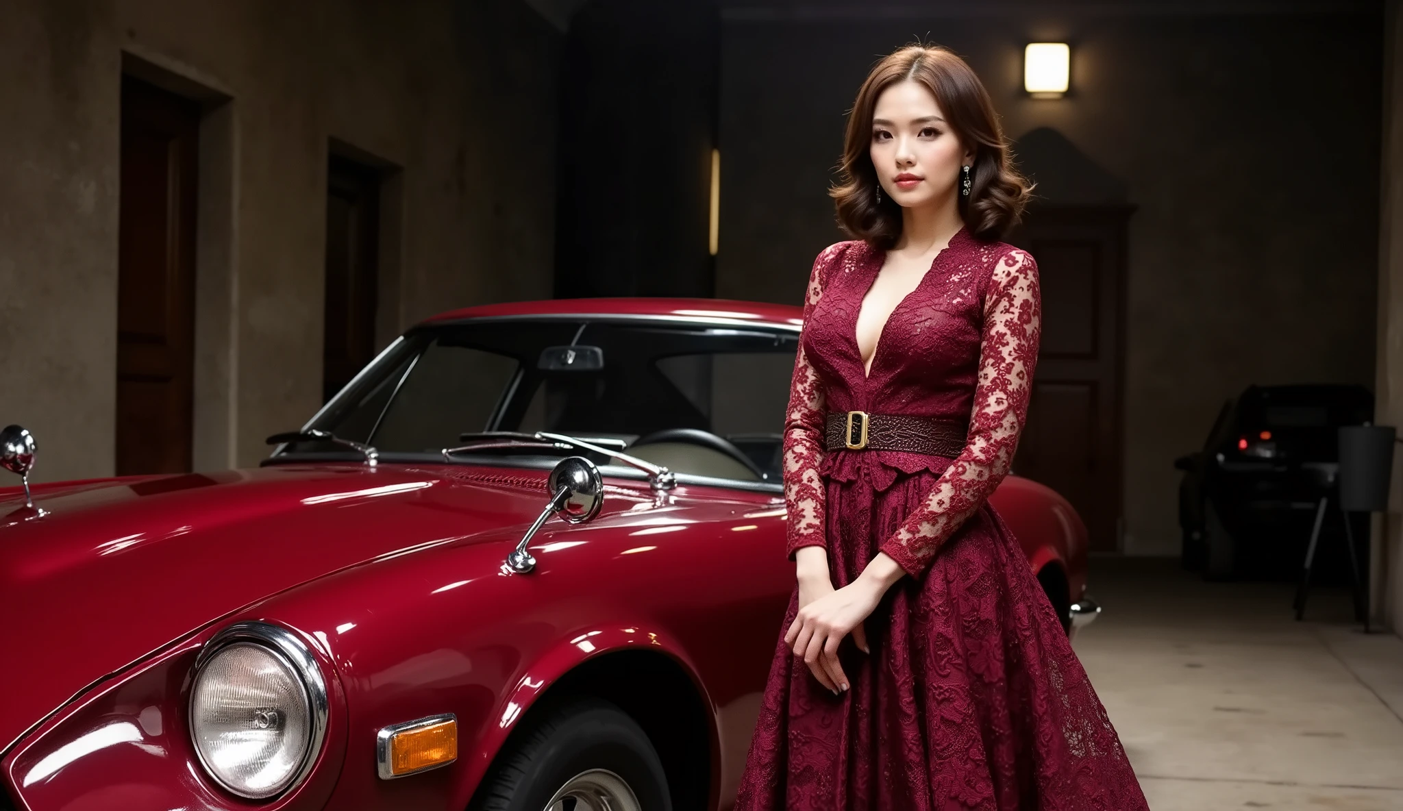 Lady wearing a crimson Fairlady Z : S30 and a lace dress