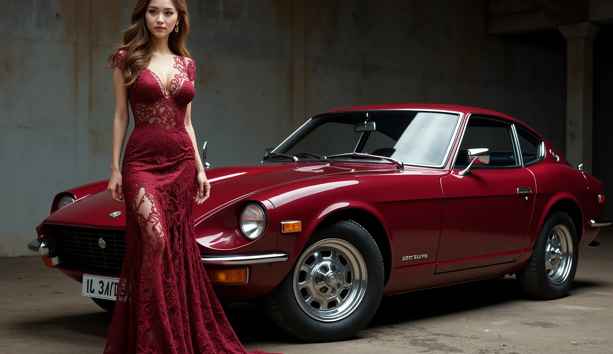 Lady wearing a crimson Fairlady Z : S30 and a lace dress