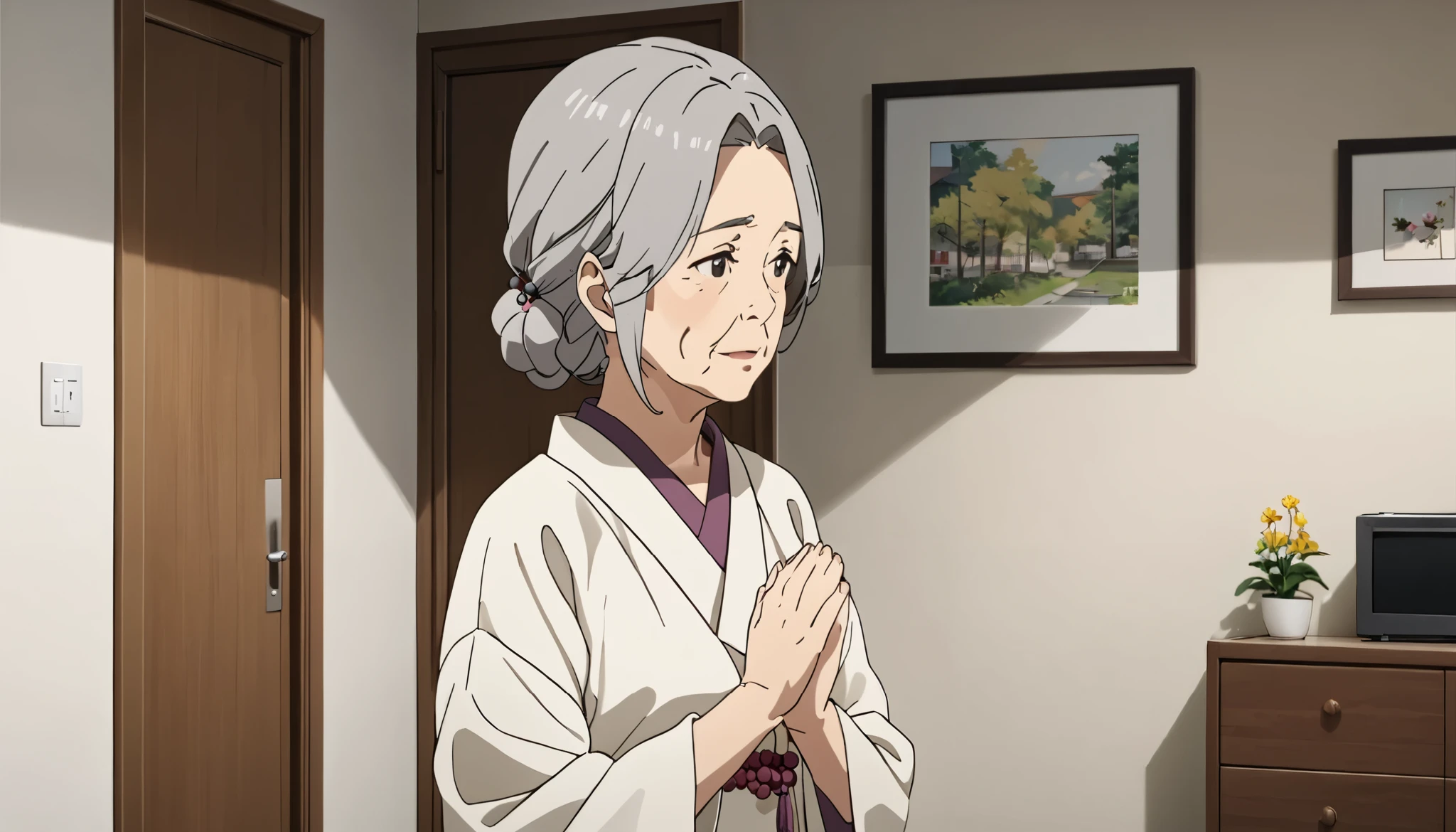 older woman 、 is thin、 Low、 white kimono、Prayer beads、 apartment bedroom 、I'm looking at this and talking、 real 、 High precision