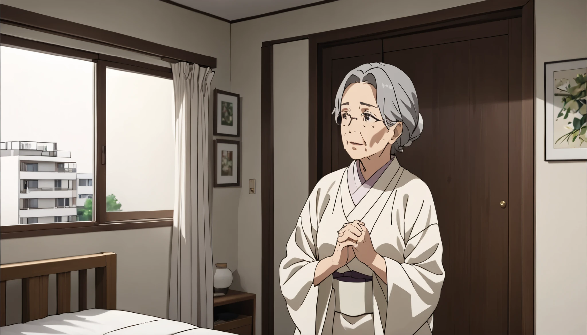 older woman 、 is thin、 Low、 white kimono、Prayer beads、 apartment bedroom 、I'm looking at this and talking、 real 、 High precision