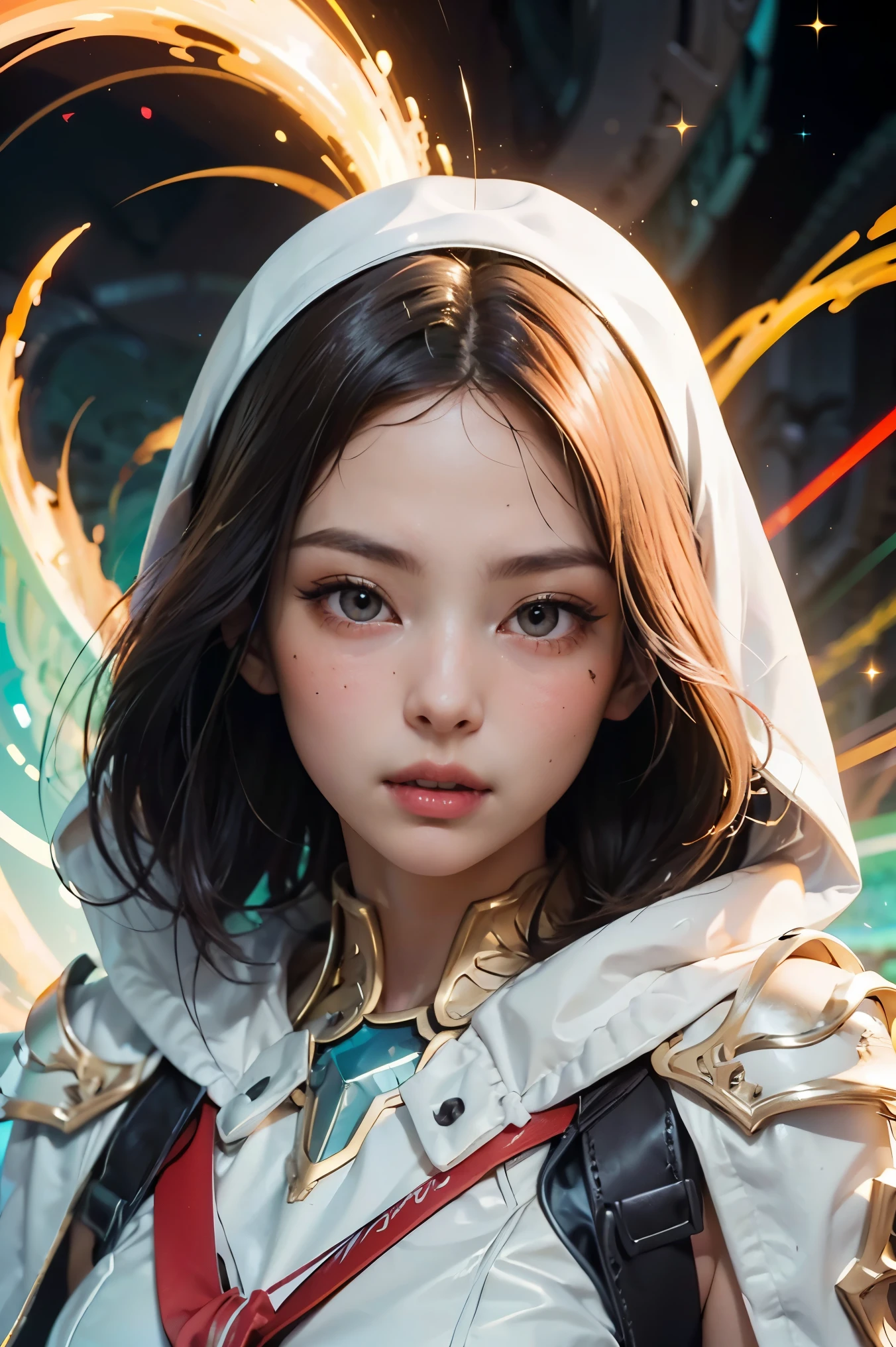 (masterpiece, top quality, best quality, official art, beautiful and aesthetic:1.2), (1girl), extreme detailed eyes, (fractal art:1.3), colorful, highest detailed, (perfect face), shiny skin, HDR, (white cloak golden lines:1.2), galaxy, (light streaks), striking visuals, (dynamic streaks, luminous trails:1.2), vibrant colors, (phoenix), (dragon)